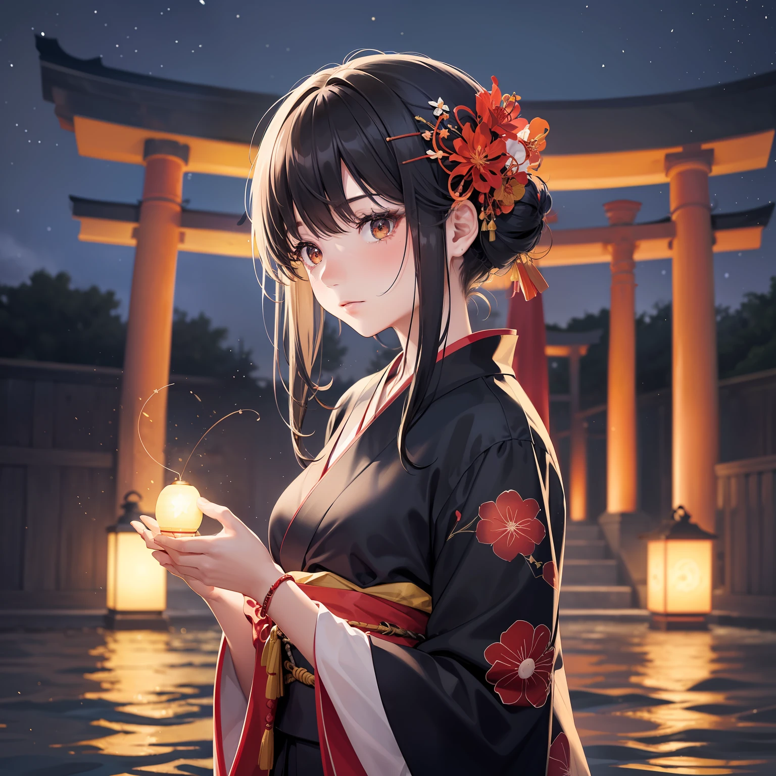 "This is a beautiful and aesthetic watercolor painting, Featuring Hair Girl, Decorated with spider lilies (Higanbana) Flowers, It's a vivid mix of half black and half red, reminiscent of impressive licorice flowers,. She wears a black kimono, Dance in front of a large torii gate. Set in a dark night、Starry sky nearby, Full of stars that seem to be within reach. Water and brightly colored sides complement the scene, Create an overall mystical atmosphere. The scenery around the shrine is not only breathtaking、It's also surreal, With lantern shining with fantastic light. The girl is depicted in tears while looking at fragments of memories, Express feelings of parting. It is very fantastic, Still a poignant image."