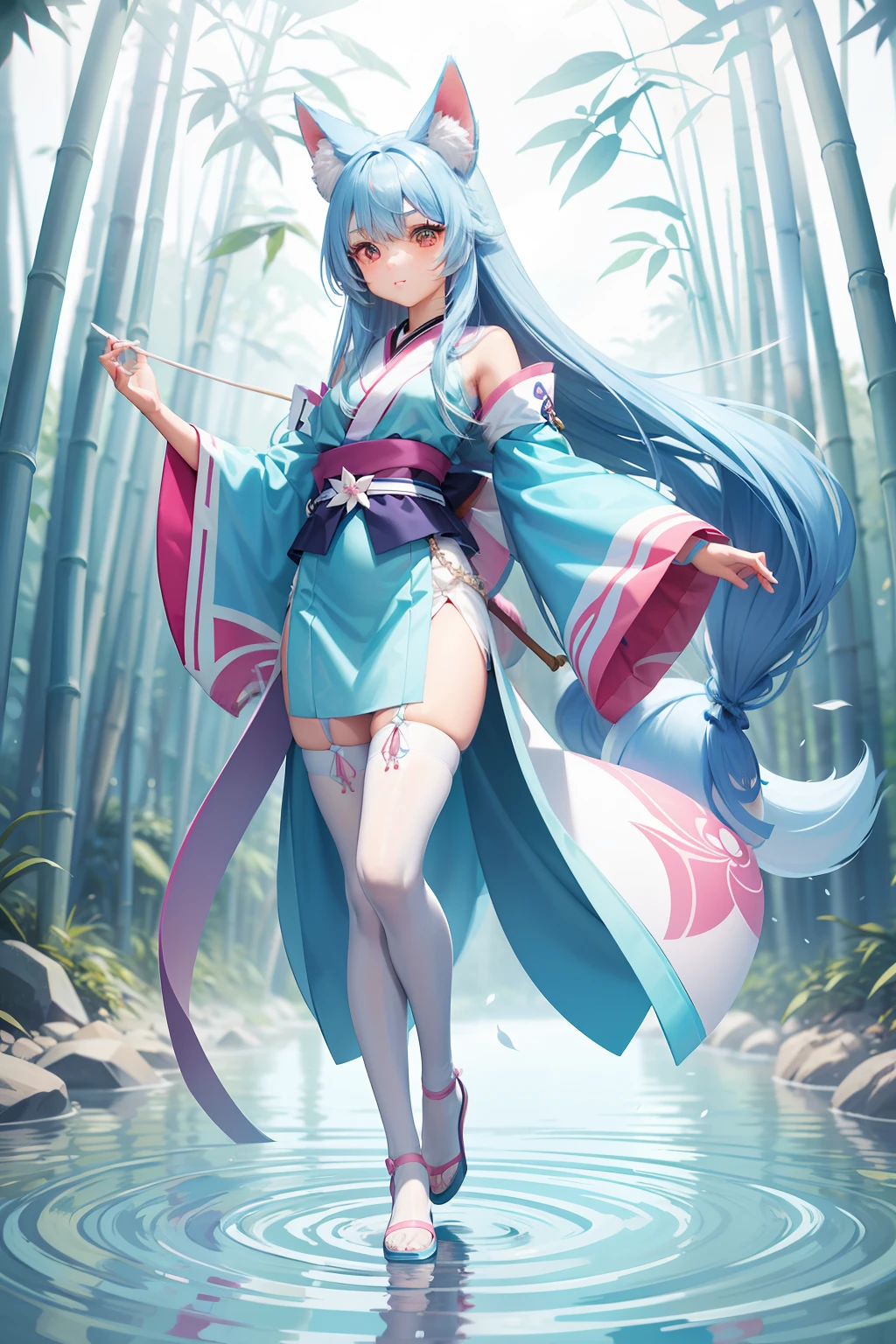 Gradient powder blue hair,Brown eyes,Fox's pink ears,Wearing a blue-and-white kimono,Stand on the edge of the river in the bamboo forest,The eyes are big,Slim figure,Behind him 9 pink-white tails,The lower body is wearing white stockings,femminine,style of anime,Big eyes are smart and cute,Beautiful face,Cute and moving
