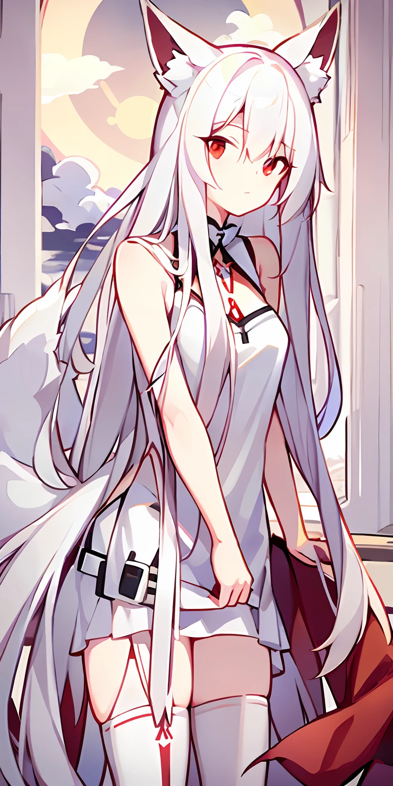 long white hair,clouds,suns,red pupils,White civilian clothes,white stockings,White fox ears,
