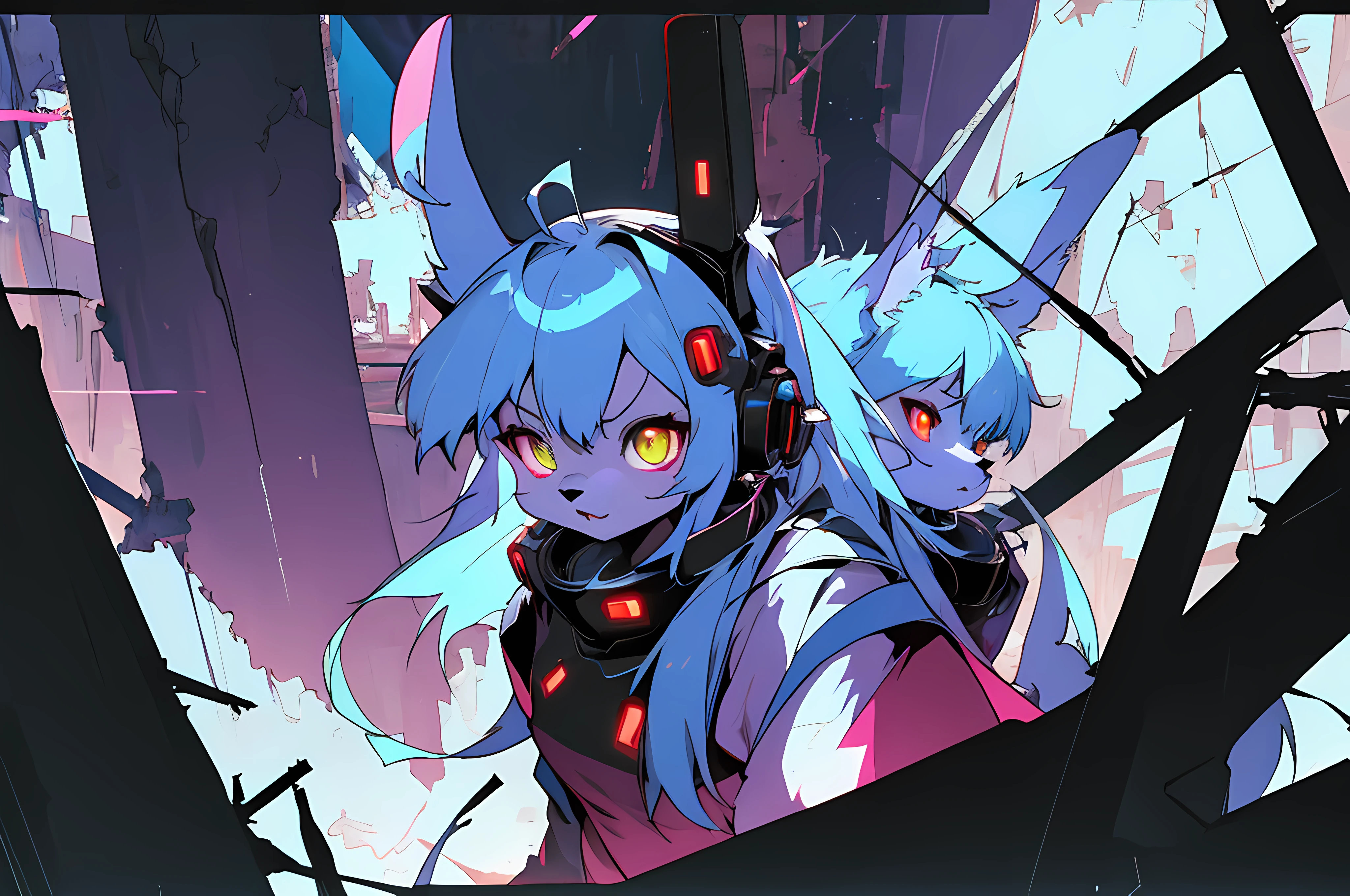 (vintage vhs), (crt screenshot), (((dark scene))), (((unlit nighttime scene))), (((dark abandoned cathedral house))), (((solemn blue anthro kemono furry rabbit exploring old ruins))), (((underground cavern exploring in old ruins))), anime rabbit character with futuristic hair and glowing eyes exploring old ruins, anime art, anime aesthetic, (((old ruins in background cel art))), kemono anime rabbit girl, wearing cybernetic bunny ears, angry female fighter --v6