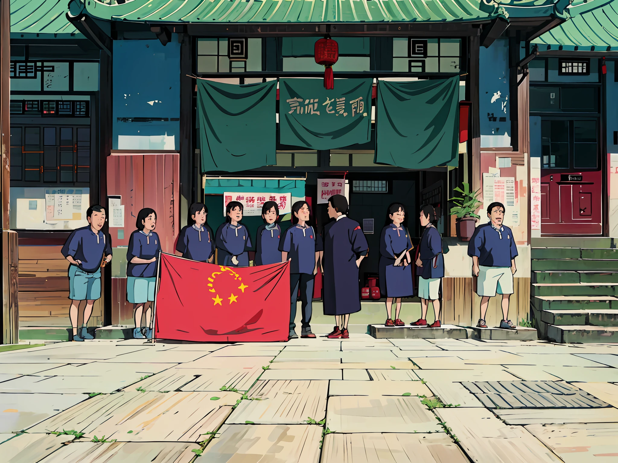 A group of people stand in front of a building holding a flag, Group photo, from china, good contrast, jinyiwei, guangjian, Student, author:Ann Text, sandra, ruanjia, author:Liao Zhichun, zeng fanzh, Summer, Eat Zhuoxin, Wanda, Meeting photos, Summer evening