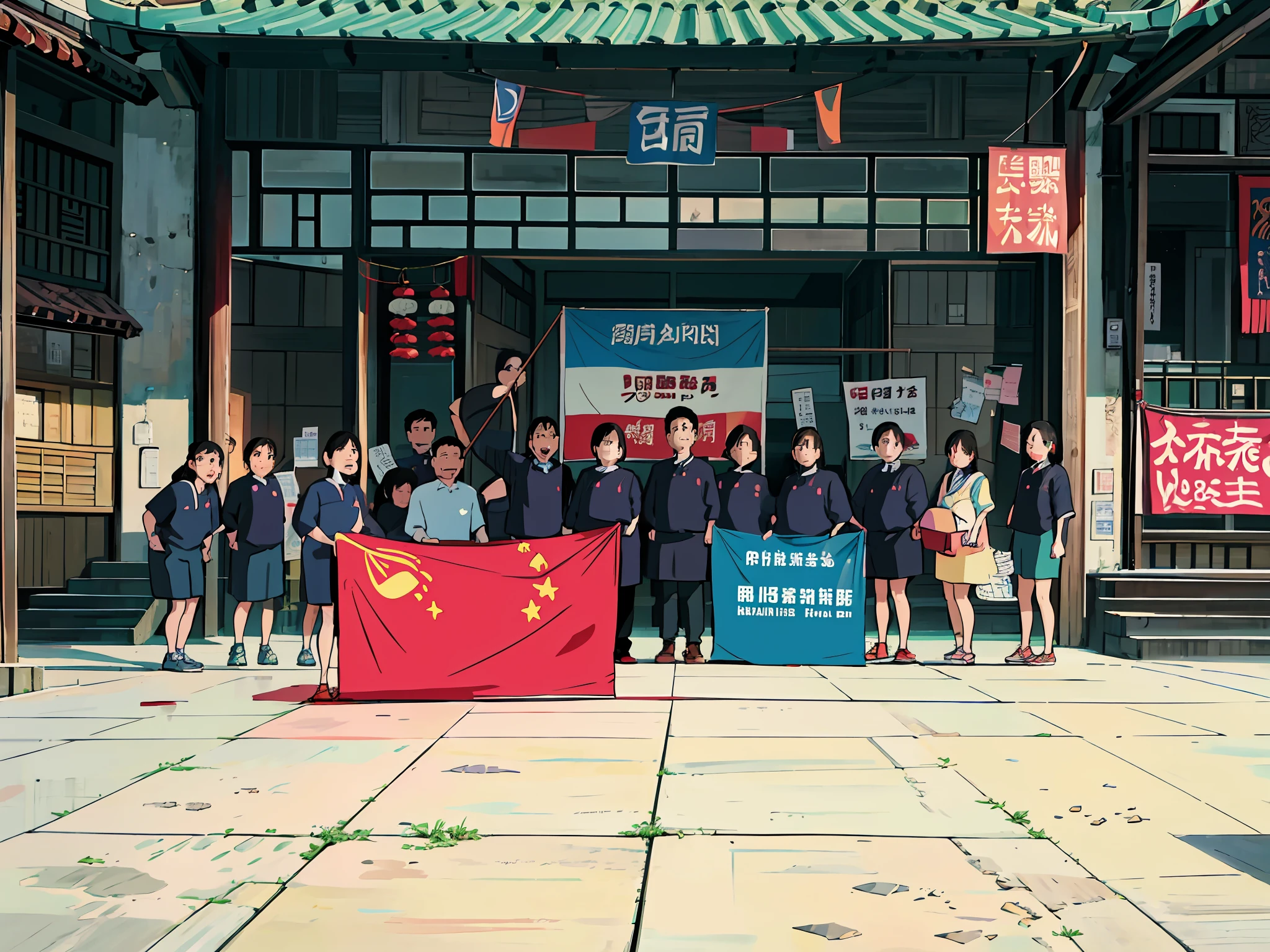 A group of people stand in front of a building holding a flag, Group photo, from china, good contrast, jinyiwei, guangjian, Student, author:Ann Text, sandra, ruanjia, author:Liao Zhichun, zeng fanzh, Summer, Eat Zhuoxin, Wanda, Meeting photos, Summer evening