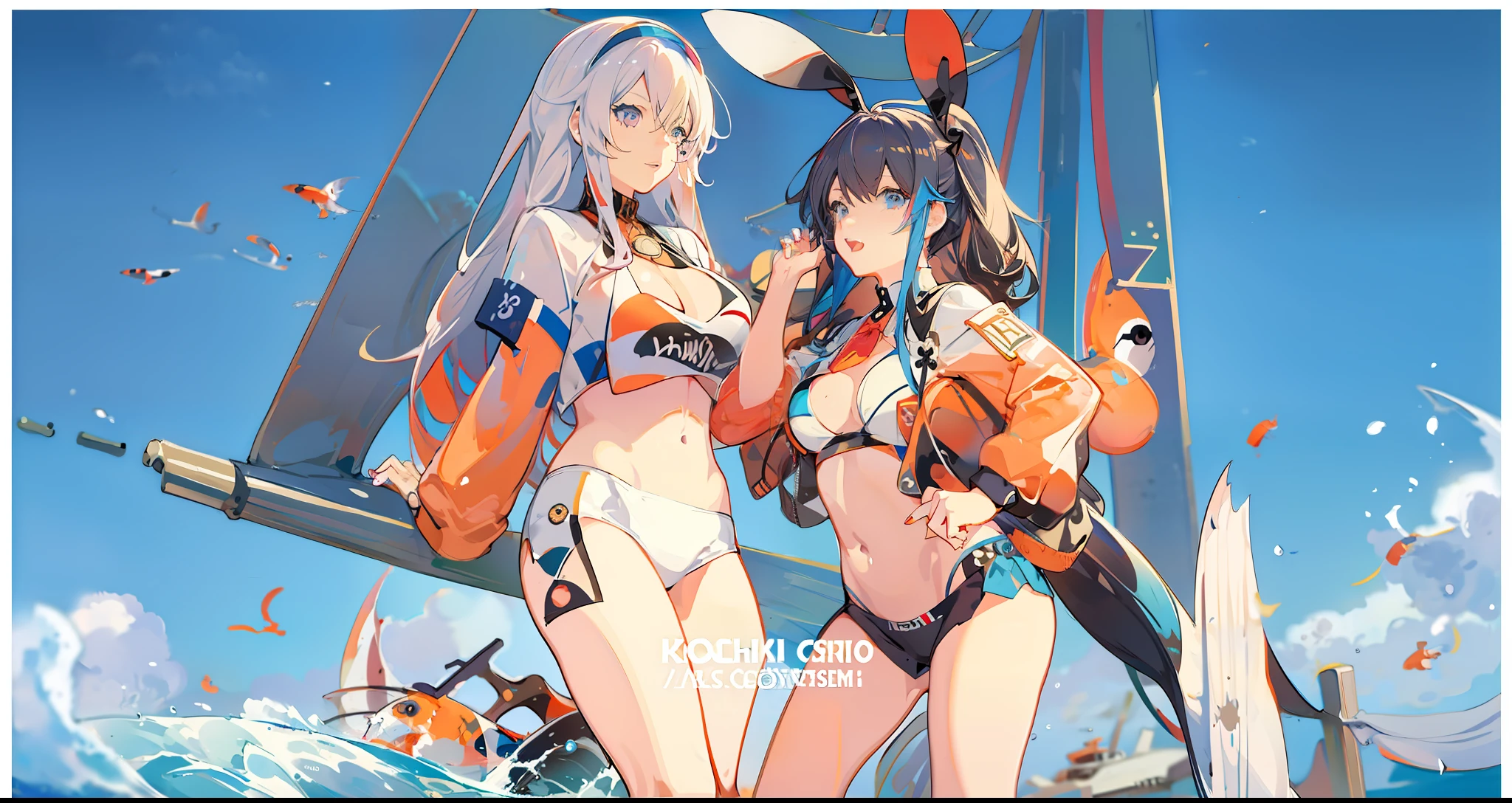 Anime girl in bikini posing in front of big sign posing for a photo, Kantai collection style, maritime, azur lane style, Official artwork, colored album art, anime colours, WLOP and Sakimichan, ( Colorful ), limited color, ( ( ( koi colors ) ) ), color spread, 2 8 mm color, chiho aoshima color scheme