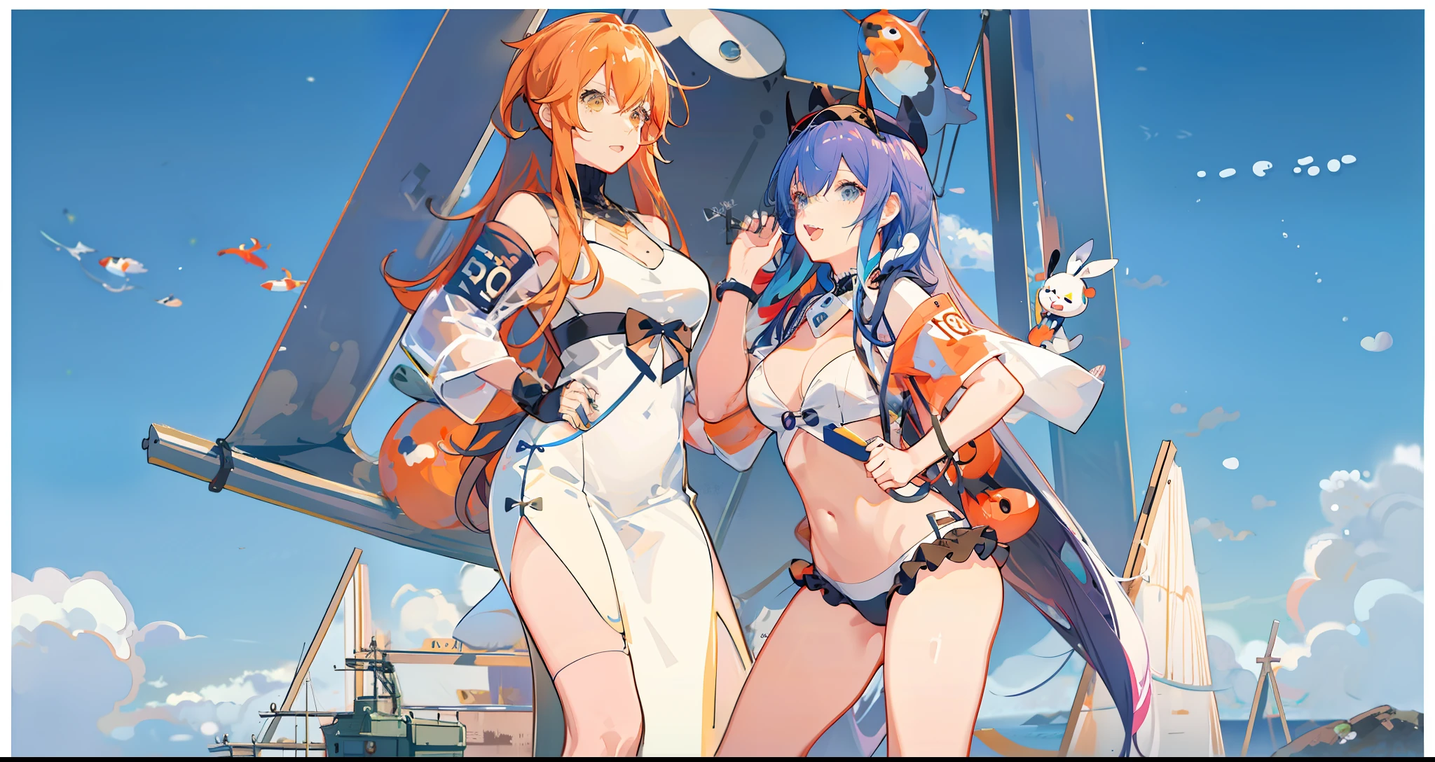 Anime girl in bikini posing in front of big sign posing for a photo, Kantai collection style, maritime, azur lane style, Official artwork, colored album art, anime colours, WLOP and Sakimichan, ( Colorful ), limited color, ( ( ( koi colors ) ) ), color spread, 2 8 mm color, chiho aoshima color scheme