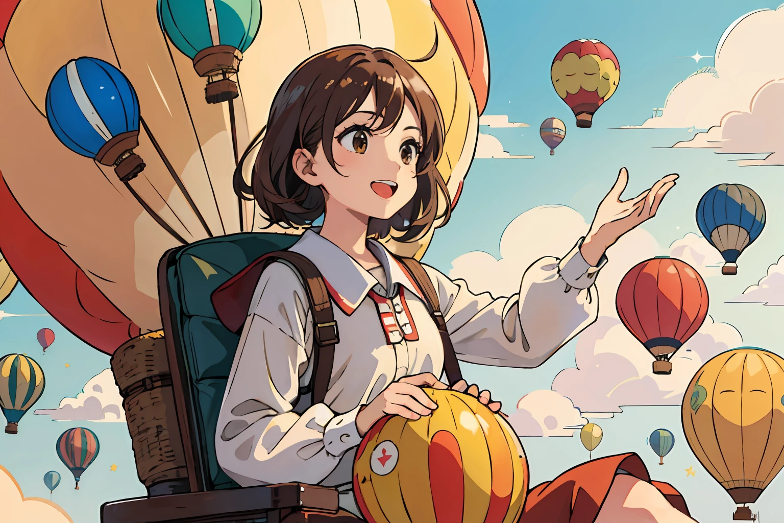 (Best quality, Masterpiece),Sunny，Broad lens，(Brown hair long)，Lively cute girl with long brown hair，Sit in a hot air balloon，Take a hot air balloon ride，Hot air balloons flying in the sky，laughing very happily，Soar in the sky
