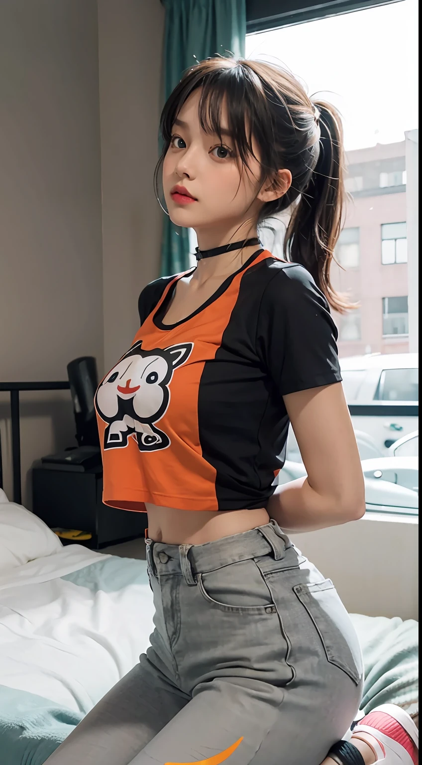 The girl poses for a photo,Wear colorful short-sleeved casual wear and sports yoga pants,Keep your arms behind your back,Wear leather gloves,fully body photo,Stylish clothes,Loose short-sleeved T-shirt,Translucent fabric,Wear a red plaid and orange V-neck T-shirt,choker necklace,jewelry,Hand jewelry,sports watch,perfect bodies,Childlike big breasts,The T-shirt is printed with a cute Pokémon pattern,The T-shirt is printed with a cartoon pet pattern,Large graphic logo,largeeyes,Up to duck pattern,Duck body mouse head,Pok é mon,Larger bust,Slim girl model,14 year old female model,athletic sneakers,Wear stockings,On the bed in the bedroom,Luxurious room
