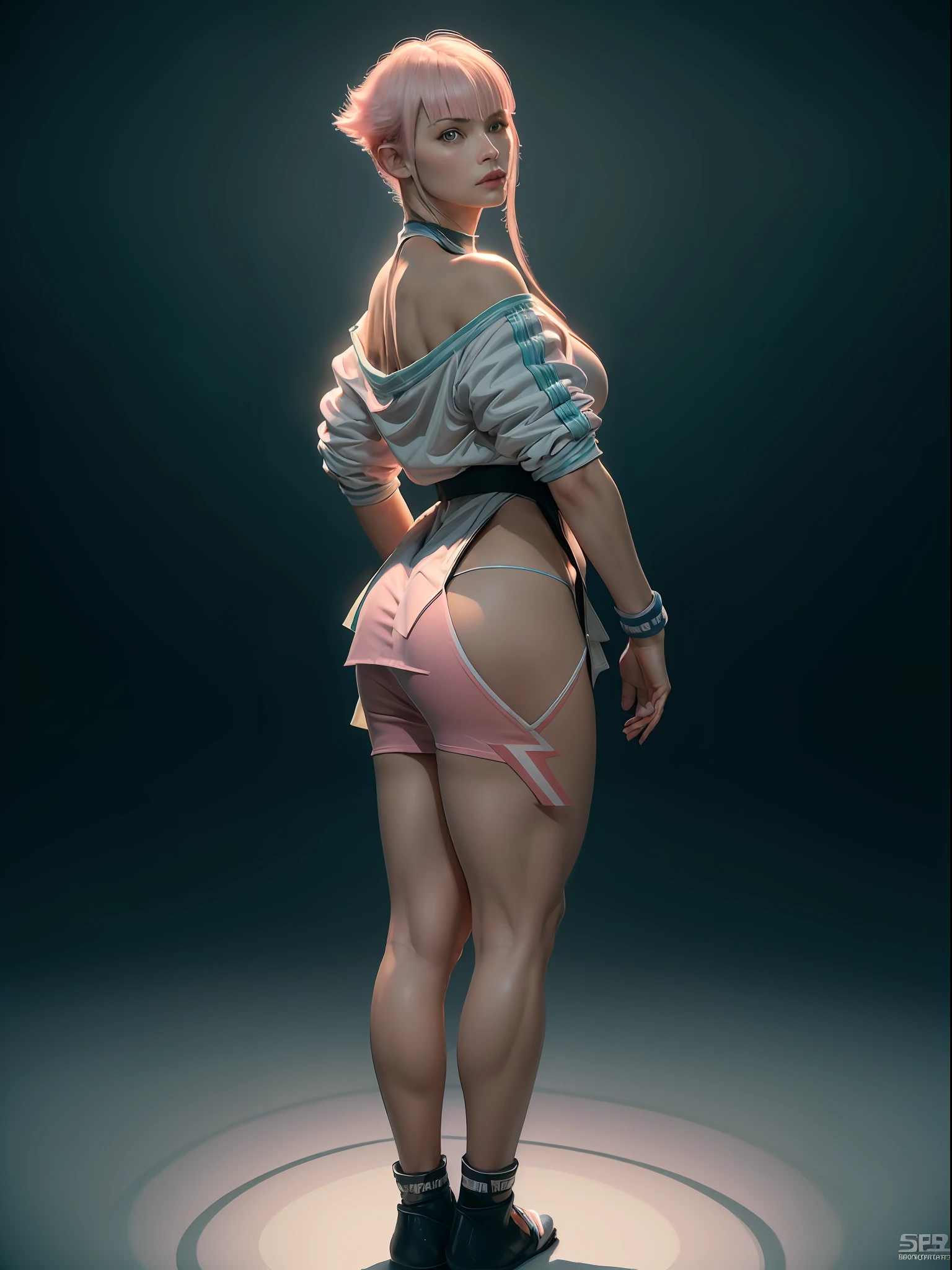 (masterpiece, best quality:1.4), (on the street), (full body), (from behind:1.5), (1girl:1), solo, (european youth:1), 1girl, manon, sf6, off shoulder, white dougi, martial arts belt, halterneck, hip vent, (bodysuit:1), (light pink hair), hyperrealistic, high detailed skin, dslr, soft lighting, high quality, highly detailed face, highly detailed eyes, highly detailed skin, skin pores, subsurface scattering, medium breast, full face blush, highly detailed face, full lips, detailed background, depth of field, volumetric lighting, sharp focus, absurdres, realistic proportions, good anatomy, (realistic, hyperrealistic:1.4), 16k hdr,
