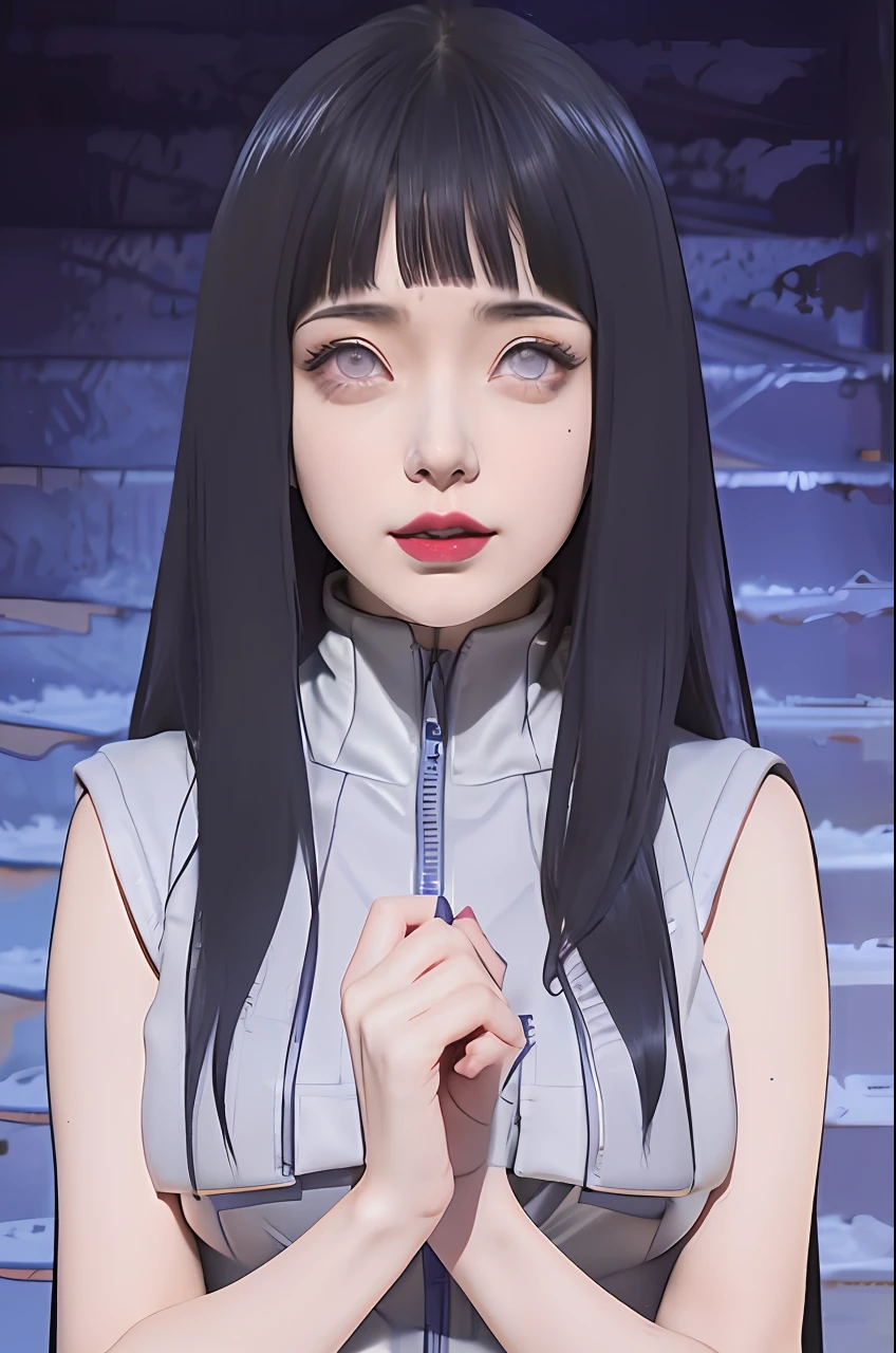 a close up of a person with long hair and a hoodie, hinata hyuga, hinata hyuga from naruto, from naruto, as an anime character, perfect anime face, she has dark blue hair with bangs, female anime character, anime character, anime best girl, hime cut hairstyle, dark blue hair, (red glossy lips:1.3), light purple eyes, big breasts, realistic, ultra detail