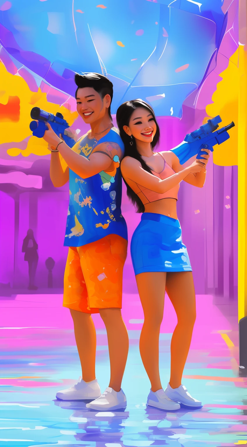 digital painting, couple with water guns, songkran outfit, water festival vibe, smile, scandanavian woman, standing in wearing tight shirt and skirt, highly detailed skin, detailed hands with five fingers, sharp focus, oil painting:1.16),(acrylic paint:1.16),(colorful:1.16), (watercolor:1.16), , by (nvinkpunk:1.0),(kuvshinov:1.0),(dreamlikeart:1.0),(samdoesart:1.0),(modelshoot style:1.0), ,,((detail-oriented:1.2), (high resolution:1.2), high quality, DSLR camera, professional, captivating, elegant, confident,(highly detailed, hyperdetailed, intricate), (lens flare:0.7), (bloom:0.7), particle effects, (raytracing:1.1), cinematic lighting, shallow depth of field, photographed on a Sony Alpha 1, 50mm wide angle lens, sharp focus)