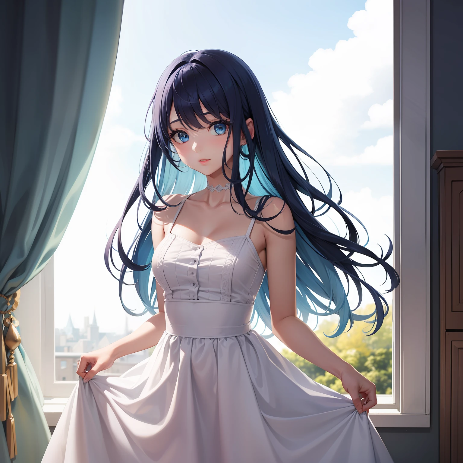 a women, blue hair, blue eyes, white dress