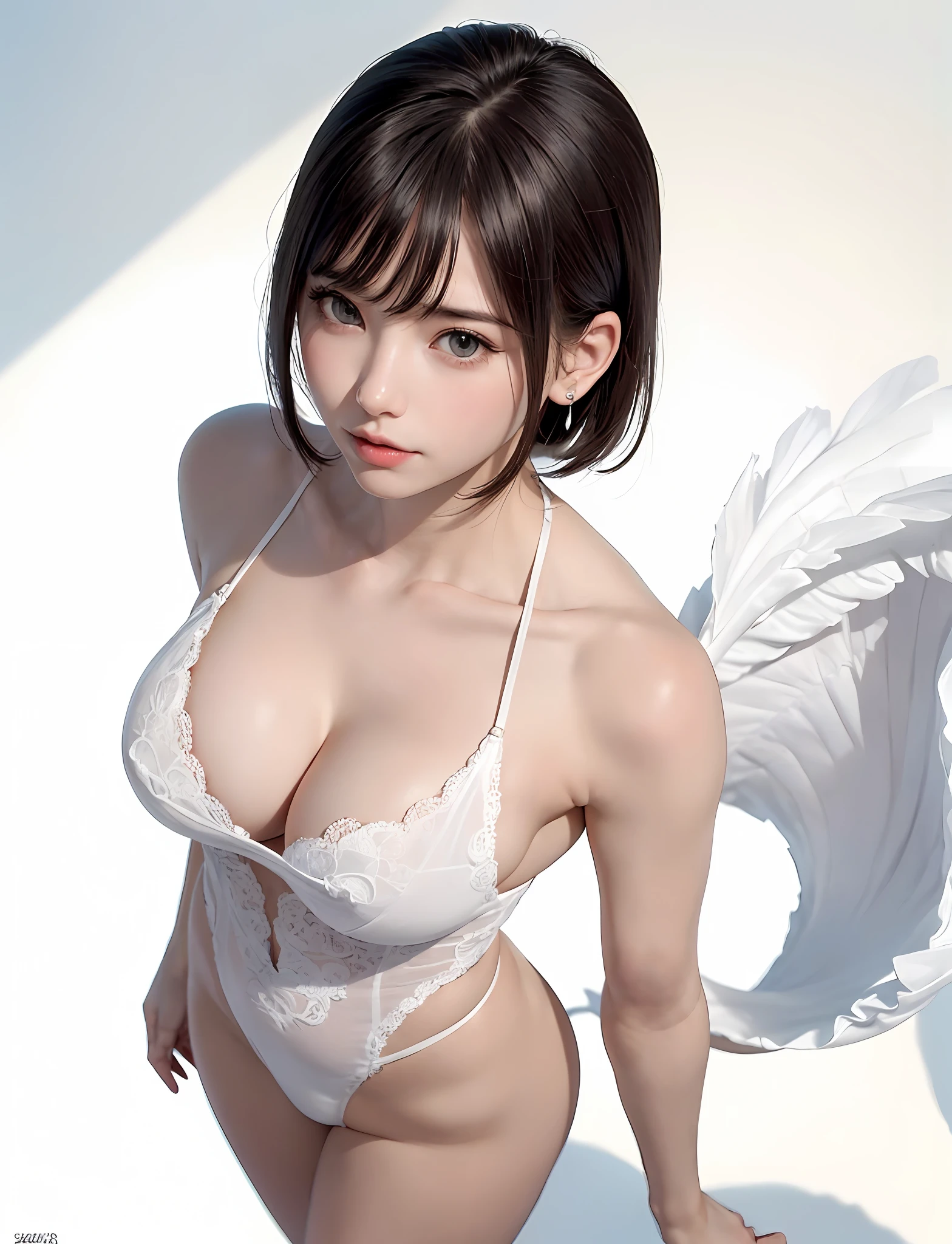 (Upper body naked:1.3、Lower body only:1.3 、I'm not wearing anything:1.3、Nothing attached:1.5、Very cute supermodel:1.3、Highlights in the eyes、spotless、cute little、Beautiful fece、lipgloss)、Look firmly at the camera、Short bob cut with clean bangs、the neck is long、neck long、Put your ears out、(Clean collarbone、pretty skin、Perfect body、Perfect fingers、perfect arms、perfect hand、Smaller face、Clean belly button、big breasts thin waist)、Open your crotch、(Look firmly at the camera:1.5)、(Immaculate white background with nothing really、Immaculate white background with nothing really:1.3)、Perfect Anatomy、very large breast、very Bigger breasts:2.0、Colossal tits、Very big big、very large clean areolas,,,,,,,,,,,,,:2.0、adult appeal、closes mouth:1.3、smil、Smiling happily:1.6、ashamed and chuckle:1.6、A little wind blows、((very from above:1.5))