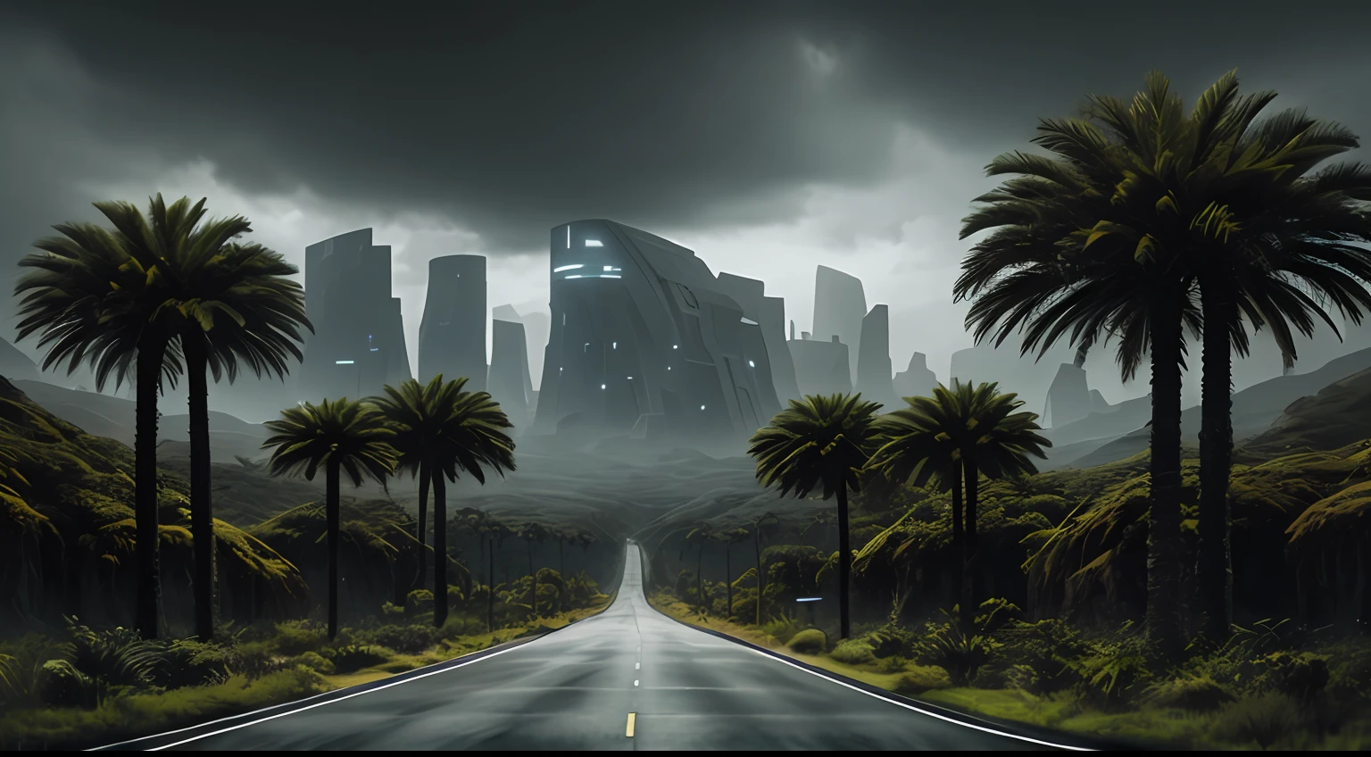 Advanced alien structures， sci-fy， vegetation， abstracted， HDR， darkly， （Grim）， Heavy atmosphere， Surrounded by cities,There are roads（Complicated details， hyper-detailing：1.2）， cinema shot