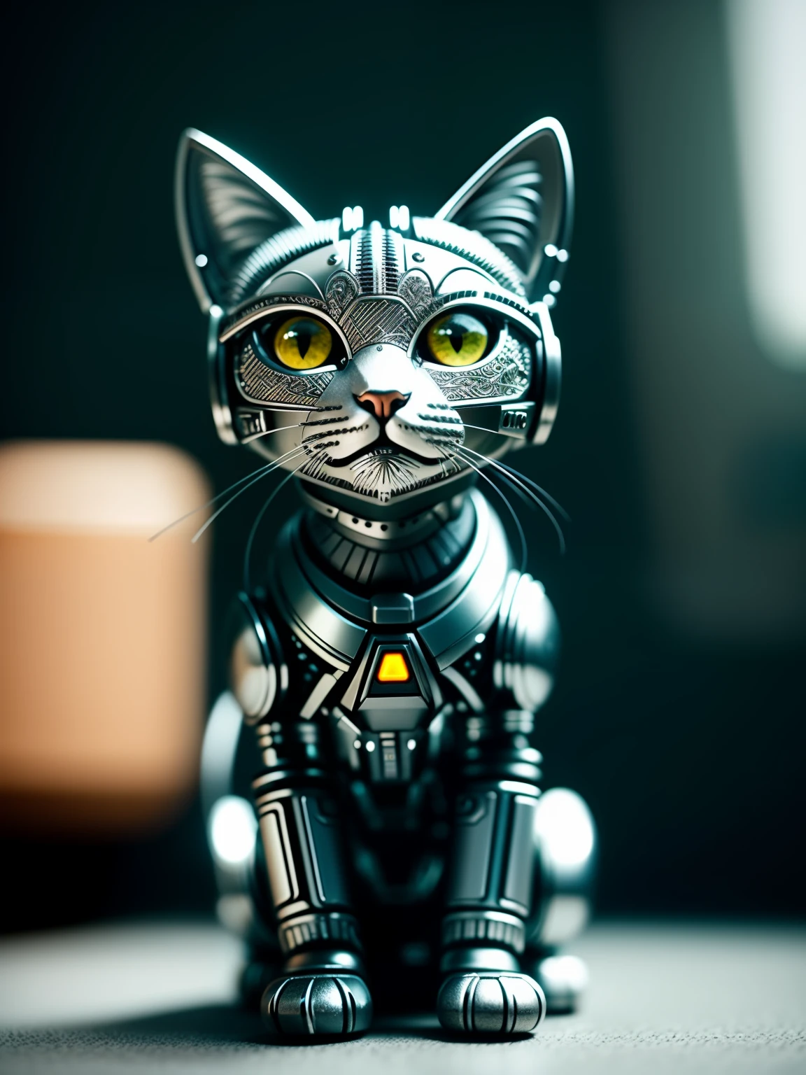 A cute kitten made of metal, (cyborg:1.1), ([tail|detailed wire]:1.3), (intricate detail), hdr, (intricate detail, hyperdetailed:1.2), cine footage, halo shadow, centered