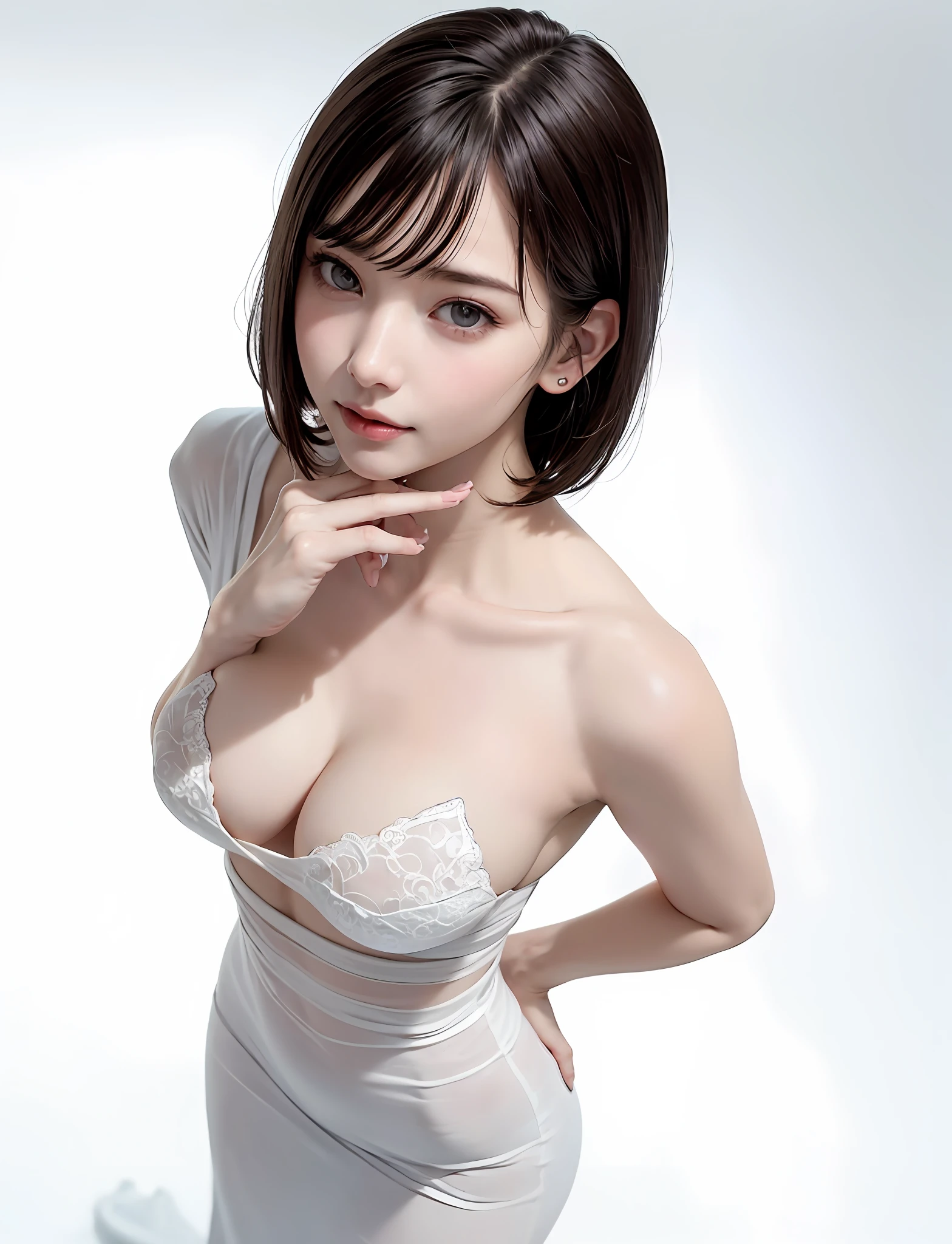 (Upper body naked:1.3、Lower body only:1.3 、I'm not wearing anything:1.3、Nothing attached:1.5、Very cute supermodel:1.3、Highlights in the eyes、spotless、cute little、Beautiful fece、lipgloss)、Look firmly at the camera、Short bob cut with clean bangs、the neck is long、neck long、Put your ears out、(Clean collarbone、pretty skin、Perfect body、Perfect fingers、perfect arms、perfect hand、Smaller face、Clean belly button、big breasts thin waist)、Open your crotch、(Look firmly at the camera:1.5)、(Immaculate white background with nothing really、Immaculate white background with nothing really:1.3)、Perfect Anatomy、very large breast、very Bigger breasts:2.0、Colossal tits、Very big big、very large clean areolas,,,,,,,,,,,,,:2.0、adult appeal、closes mouth:1.3、smil、Smiling happily:1.6、ashamed and chuckle:1.6、A little wind blows、((very from above:1.5))