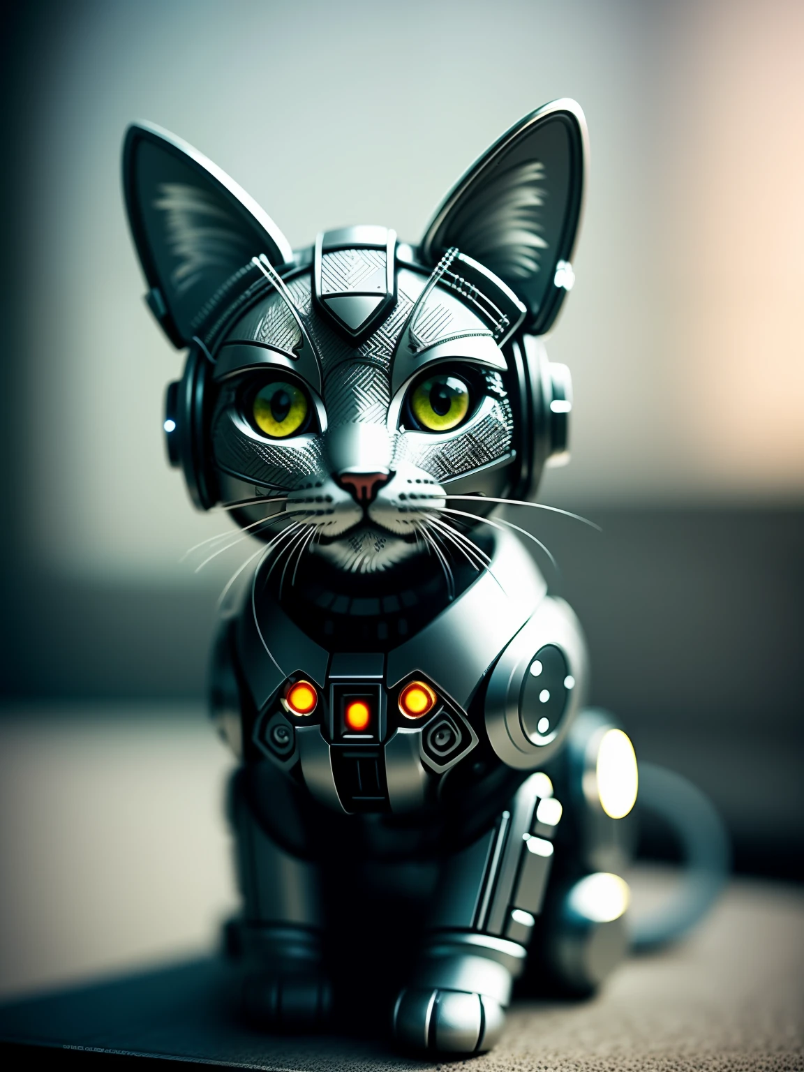 A cute kitten made of metal, (cyborg:1.1), ([tail|detailed wire]:1.3), (intricate detail), hdr, (intricate detail, hyperdetailed:1.2), cine footage, halo shadow, centered