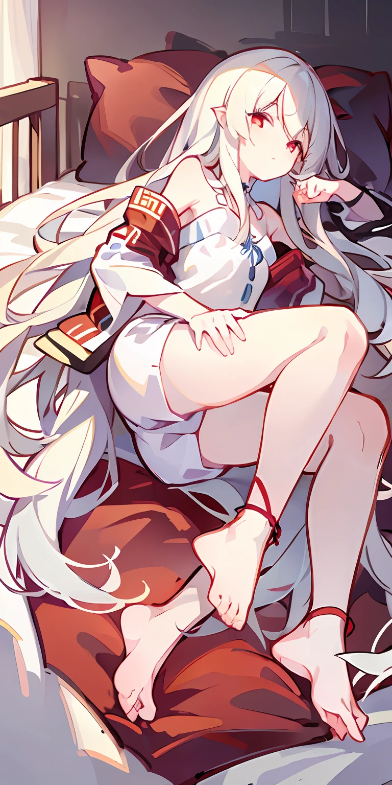 long white hair,red pupils,white pajama,The barefoot,Lie down in bed
