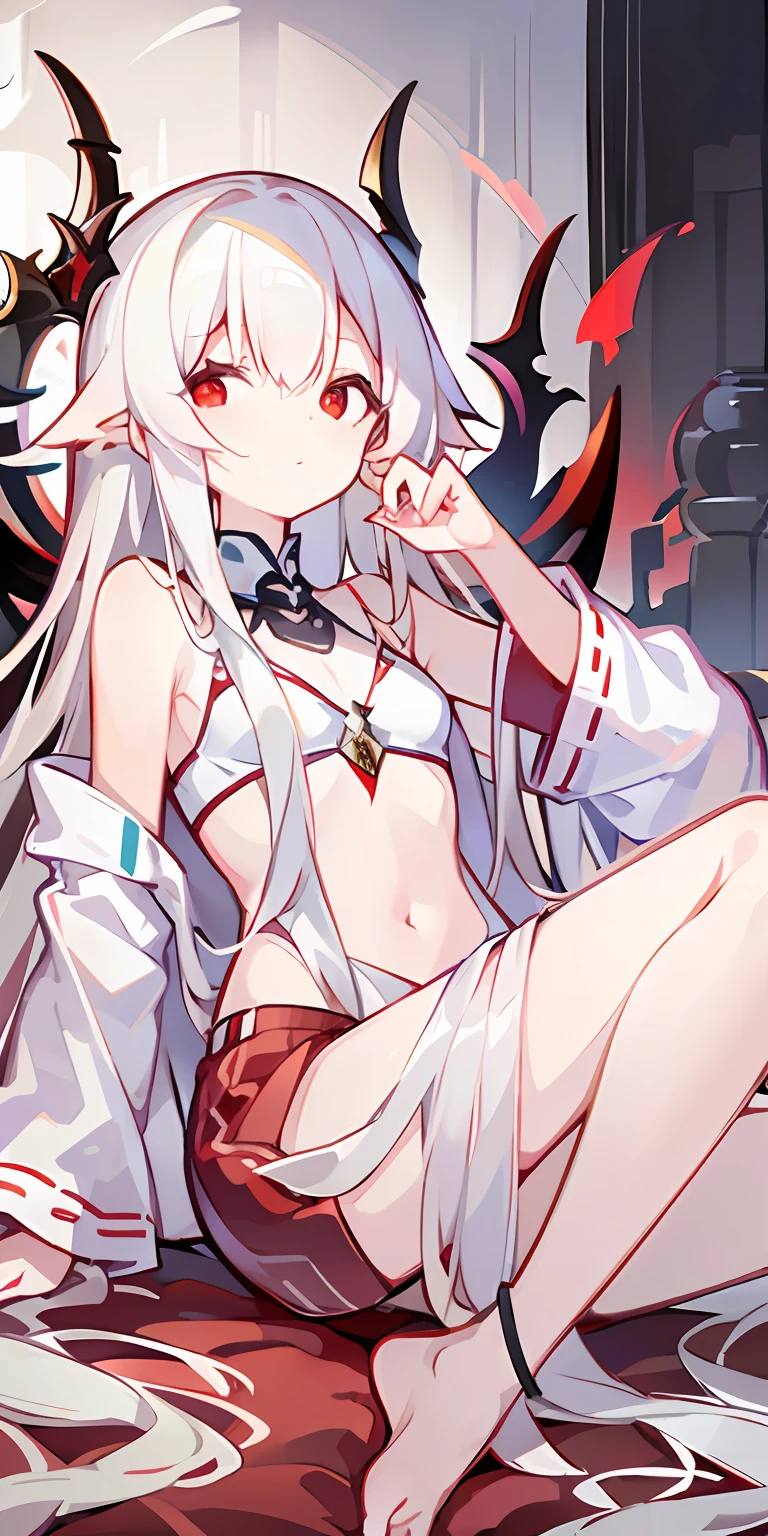 long  white hair，red pupils，white pajama，The barefoot，Lie down in bed