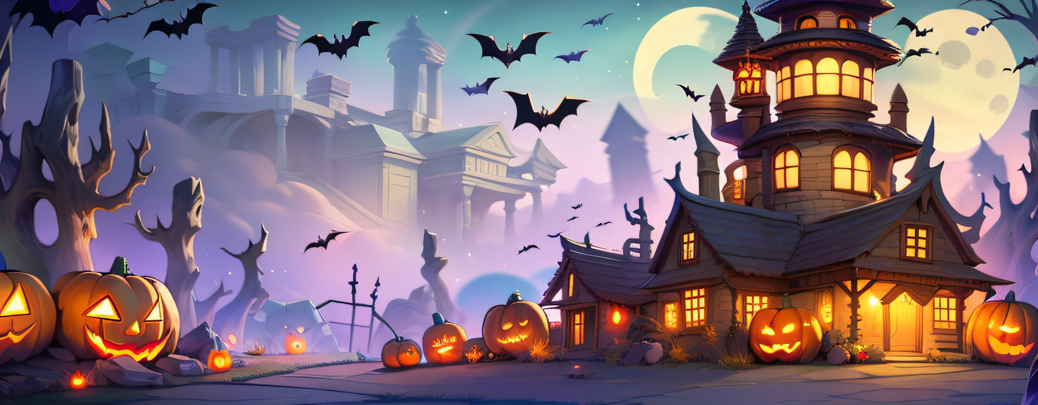 Game Building、The witch's house，Halloween，the bats，Jack-o'-lantern，cartoonish style，wide angles，in a panoramic view，angle of depression，Game banner，tmasterpiece，best qualtiy，超高分辨率，3Drenderingof，8K，