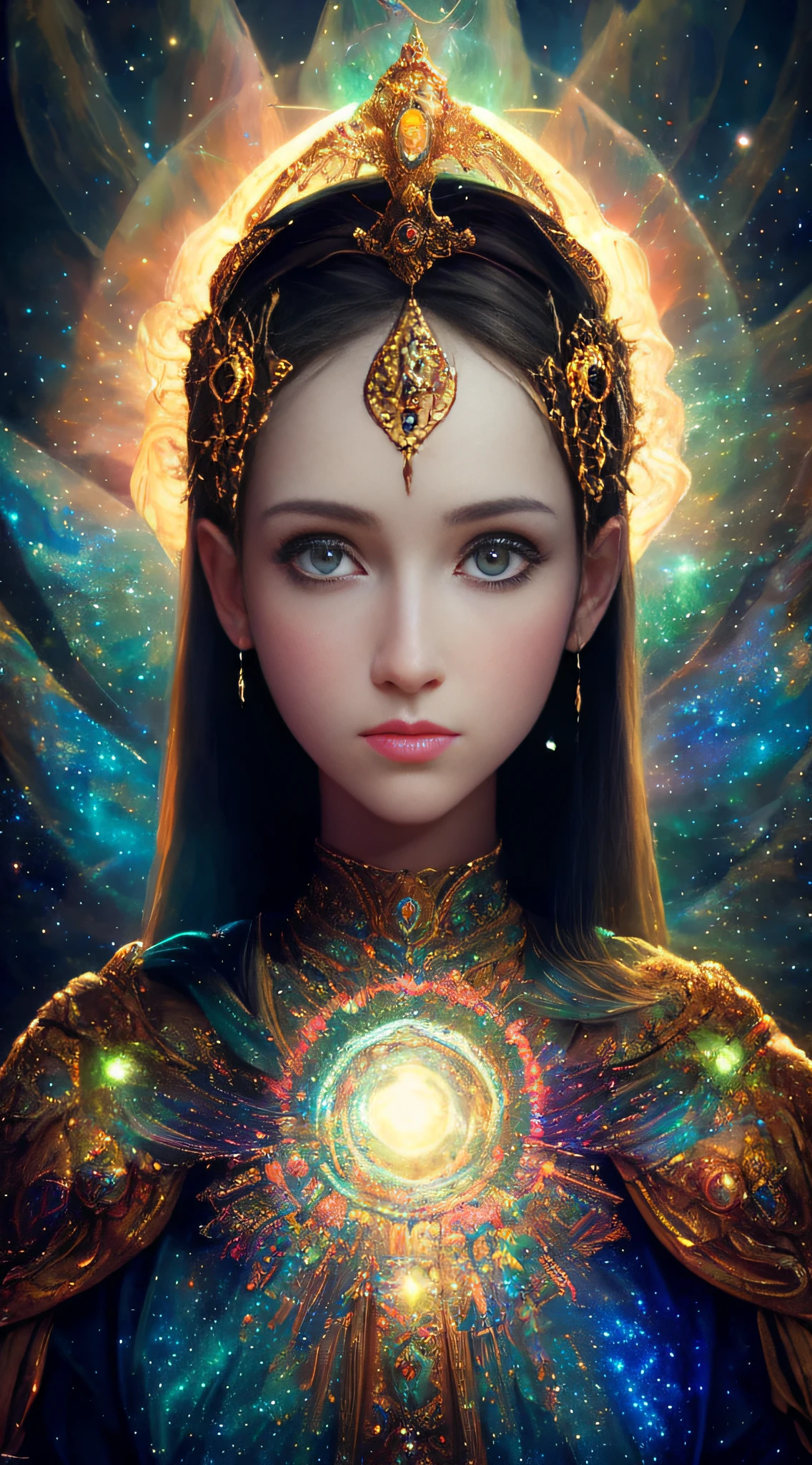 ((best quality)), ((masterpiece)), ((realistic)), portrait,
1girl, celestial, deity, goddess, light particles, halo, looking at viewer,
(bioluminescent:0.95), vibrant, colourful, color, (glowing, glow),
(beautiful composition), cinematic lighting, intricate, (symmetrical:0.5), whimsical,