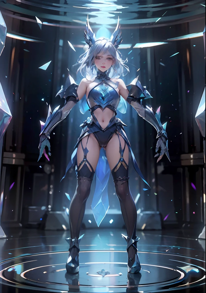 Character styling，Three-view front，Blue transparent suspender stockings，Dark blue water armor，Features of armored upstream aquarists，Green and blue are the accent colors of the model，On the head is the dragon horn，The chest is medium and firm，A blue transparent ribbon hangs from your hand，There are some straps on the body，Exquisite facial features，Picture-perfect face，tmasterpiece，8K resolution，Serious, Ear blush, hyper HD, ccurate, Anatomically correct, Textured skin, Best quality, A high resolution, 8K，18-year-old girl，Kizi，Little Dragon Girl，It's all armor，Blue transparent suspender stockings