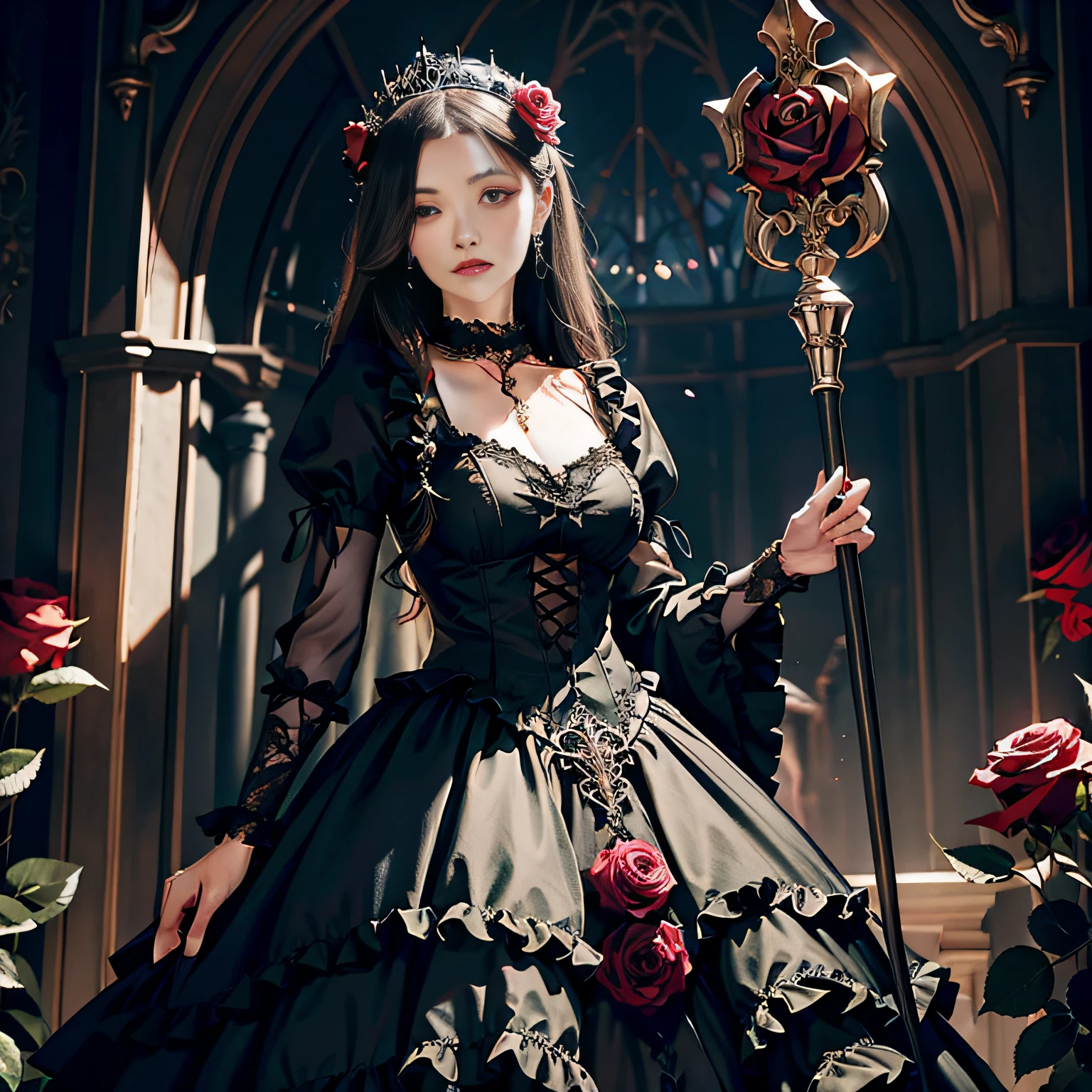 Rose Princess，Gothic style dress，The garment has rose design elements，Holding a rose scepter