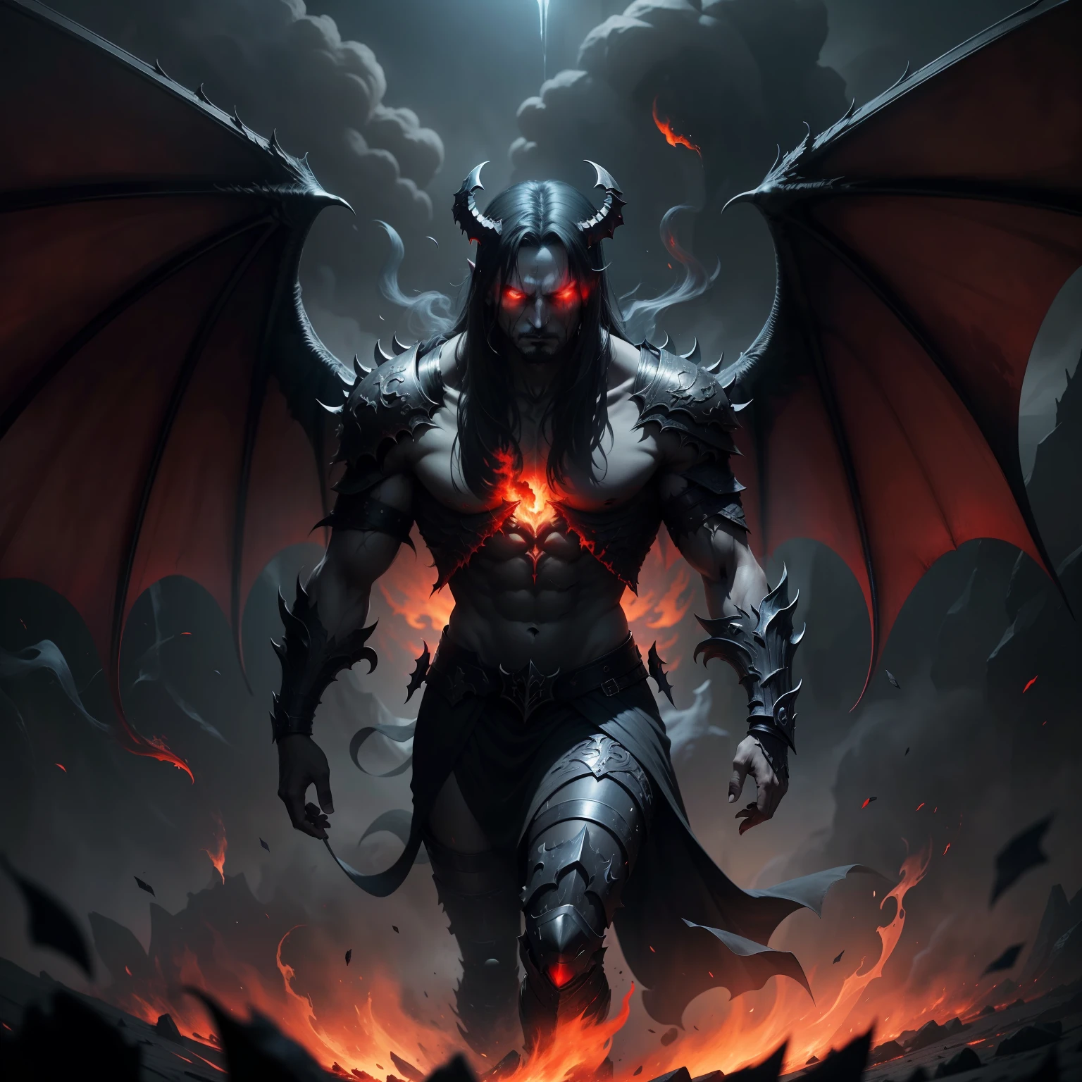 "Hellbringers,Dark and mysterious character image,Wings unfolded,Thick red smoke pervades,Flaming eyes,Chilling atmosphere,Scary and mysterious background,Phantom-like figure,Wander in the dark。"