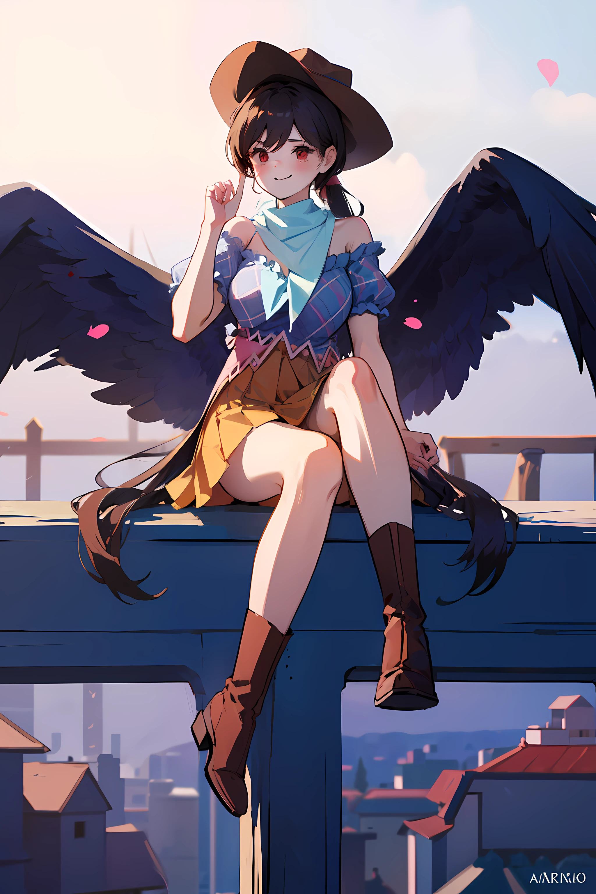 (masterpiece),best quality, expressive eyes, perfect face, 1girl,
big breast, H-cup, good breast, beautiful, gorgeous,anime,girl,lora, floating clothes, tent chest ,
 nipple visible  though clothes,Saki Kurokoma,
red eyes,
black hair,
short hair,
long ponytail,
black wings,
black horse tail,
brown cowboy hat,
brown boots,
light blue plaid shirt,
light pink shirt,
brown plaid skirt,
light orange skirt,
shoulders,
white bandana tied around neck,crazy smile,yameroyandere,yandere,crazy eyes,dark,glowing eyes,shaded face,empty eyes,w sitting, w sitting on ground,legs on ground,arms between legs, hands between thighs,both arms between legs