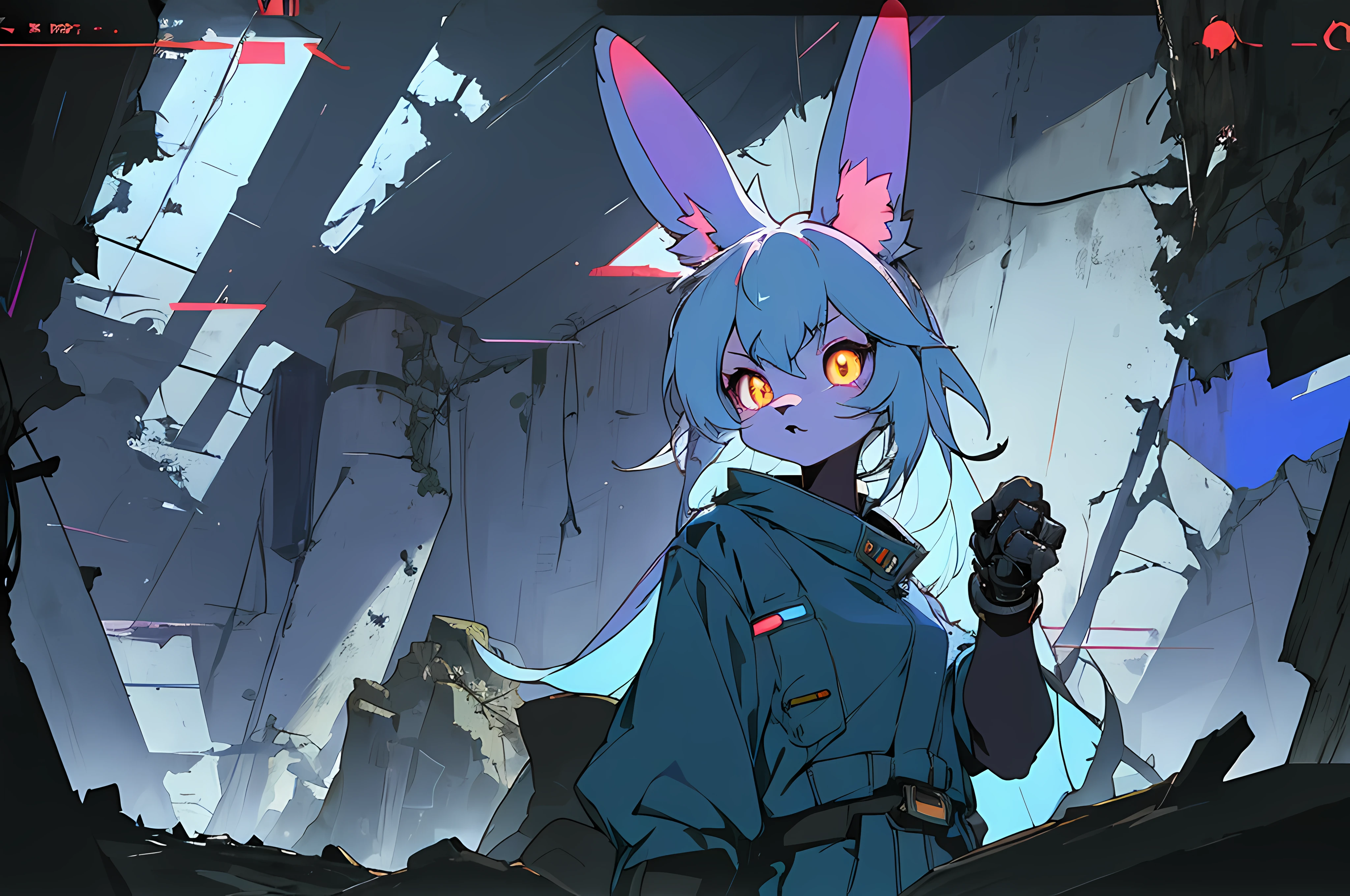 (vintage vhs), (crt screenshot), (((dark scene))), (((dark cloudy scene))), (((underground basement scene))), (((unlit nighttime scene))), (((dark abandoned cathedral house))), (((solemn blue anthro kemono furry rabbit exploring old ruins))), (((underground cavern exploring in old ruins))), anime rabbit character with futuristic hair and glowing eyes exploring old ruins, anime art, anime aesthetic, (((old ruins in background cel art))), kemono anime rabbit girl, wearing cybernetic bunny ears, angry female fighter --v6