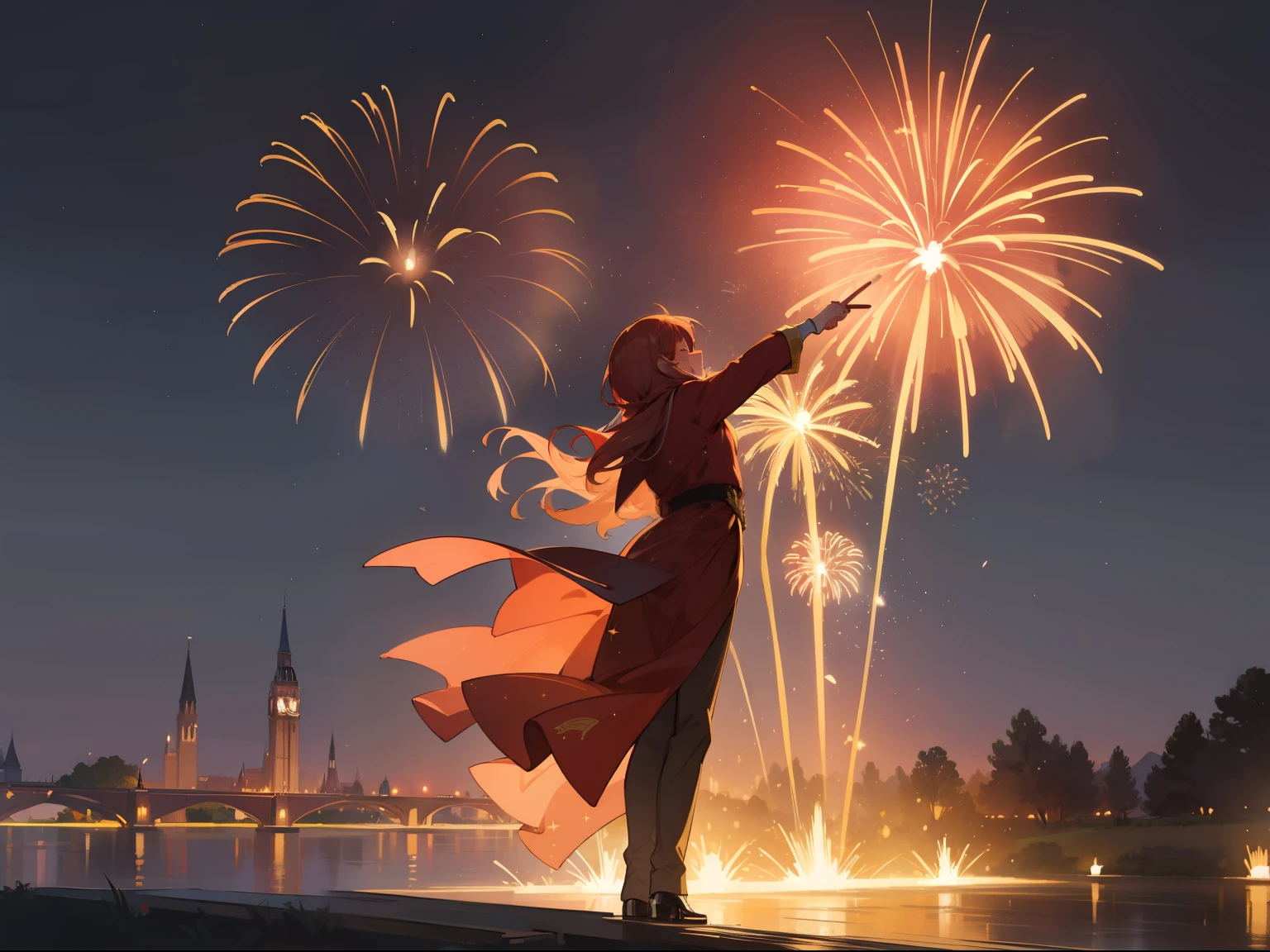 super fine illustration, best quality, Create an image of a magical night filled with sparkling red and gold fireworks shaped like stars and flowers. The fireworks are launched into the sky, illuminating the river and silhouettes of the town. The scene conveys a sense of joy and celebration, with a touch of nostalgia.