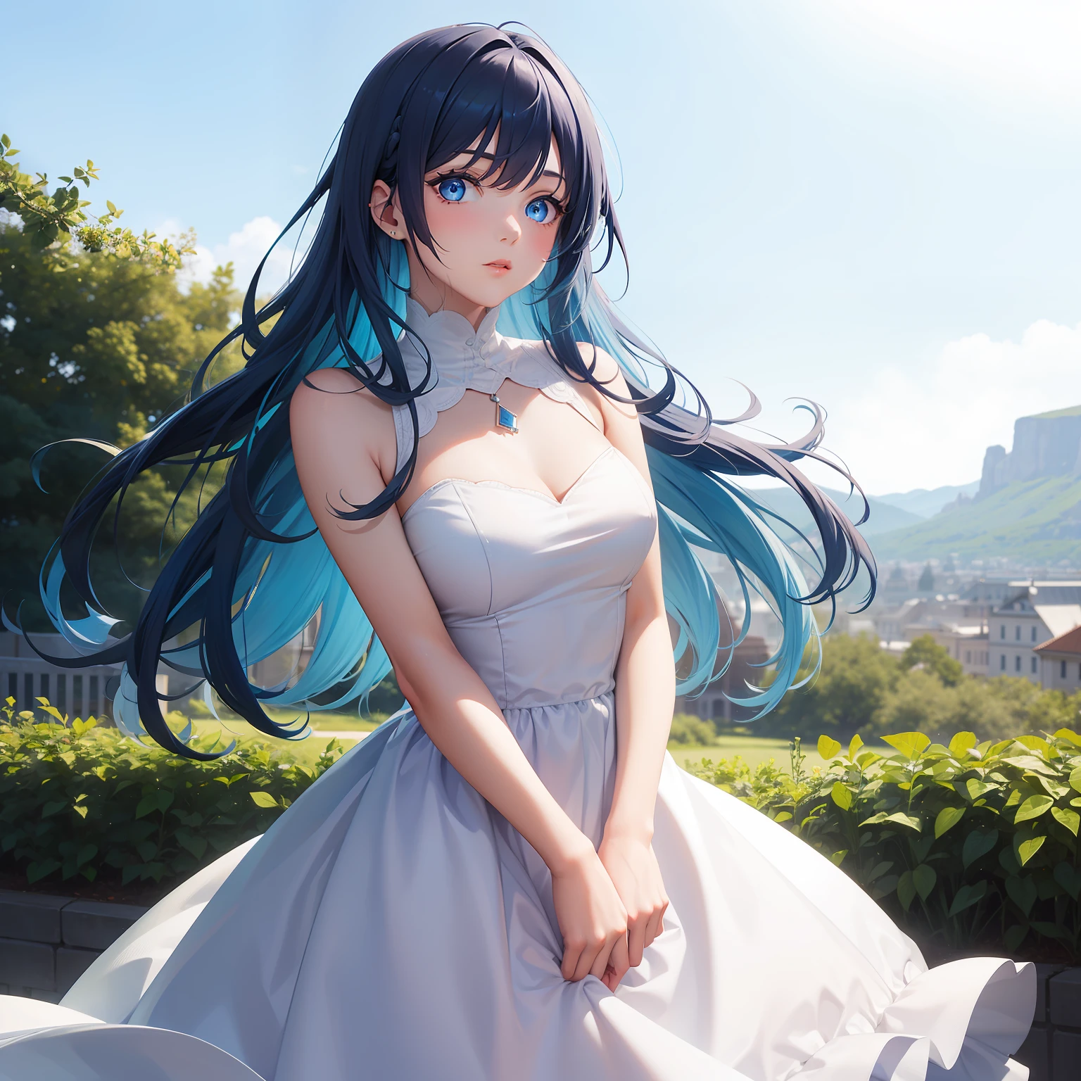 a women, blue hair, blue eyes, white dress