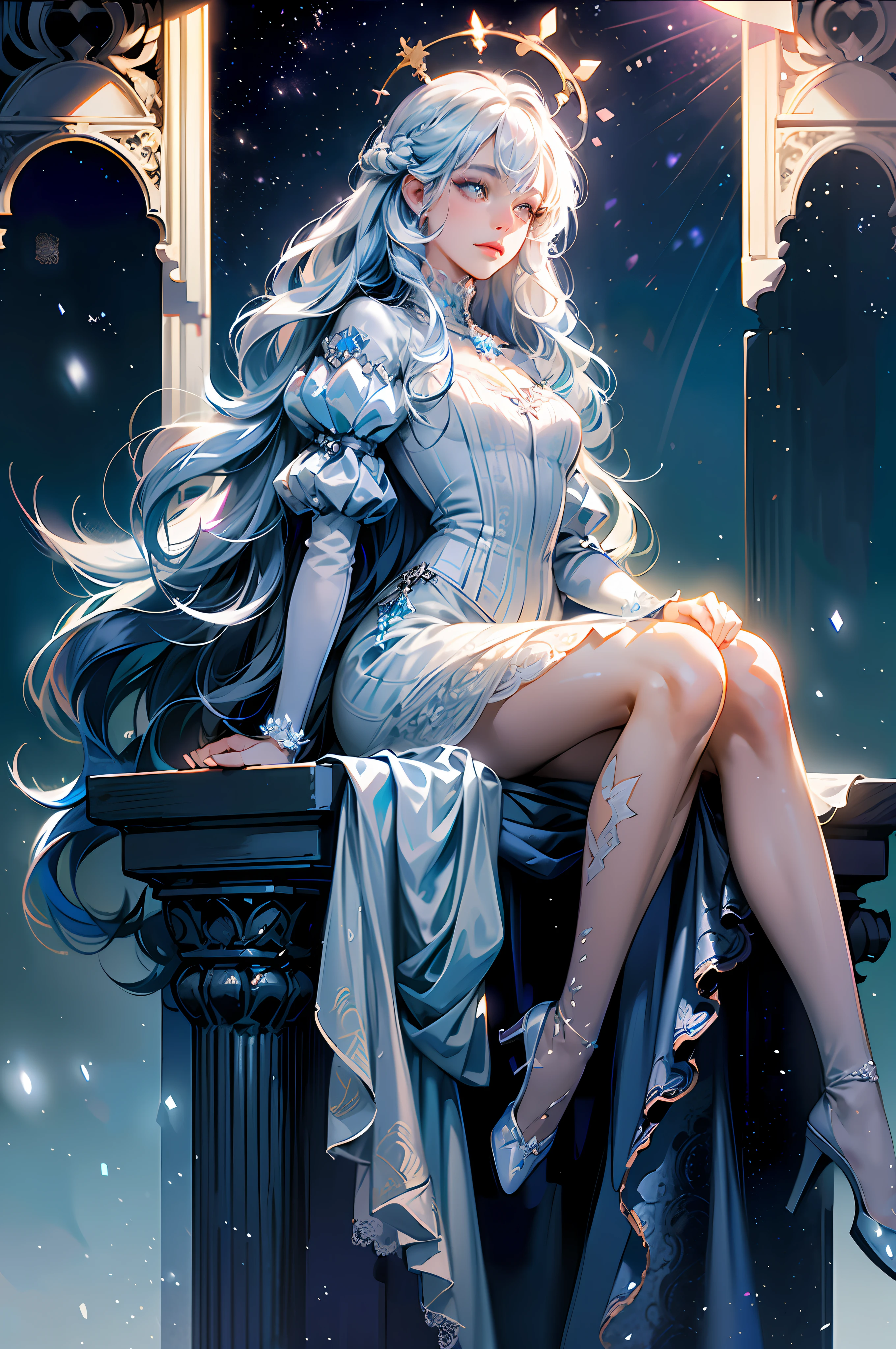 (Masterpiece:1.2), best quality, (night sky, wery long blue hair:1.2),(illustration:1.2), beautiful scenery, scared,(Masterfully crafted Glow, lens flare), (ultra-detailed), hyper details, (delicate detailed), (intricate details), (cinematic light, best quality Backlights), clear line, new world, viewer, solo female, perfect body, (1female), (Bright bioluminescent hair  hair, bright glowing eyes), (Dynamic:1.3), ((makeup)), high contrast, (best illumination, an extremely delicate and beautiful), ((cinematic moonlight)), colourful, ((Photoshop Pastel Painting:1.1)), ethereal, (Cinematic masterpiece),suspense,  splashes of colour, absolutely eye-catching, ((caustic)), dynamic angle ,beautiful (detailed glow), (eerie),(Intricate Detailed Cinematic Scenery Behind:1.2),ambient occlusion, (ambient moonlight), ray-traced reflections, intricately detailed visible background, night snow storm, stars, very long curly white hair, ice queen, white and light blue gothic royal dress with embroidery, long embroidered stockings, crystals and pearls, big halo shaped crown, ice crystals around, snow storm, mature woman