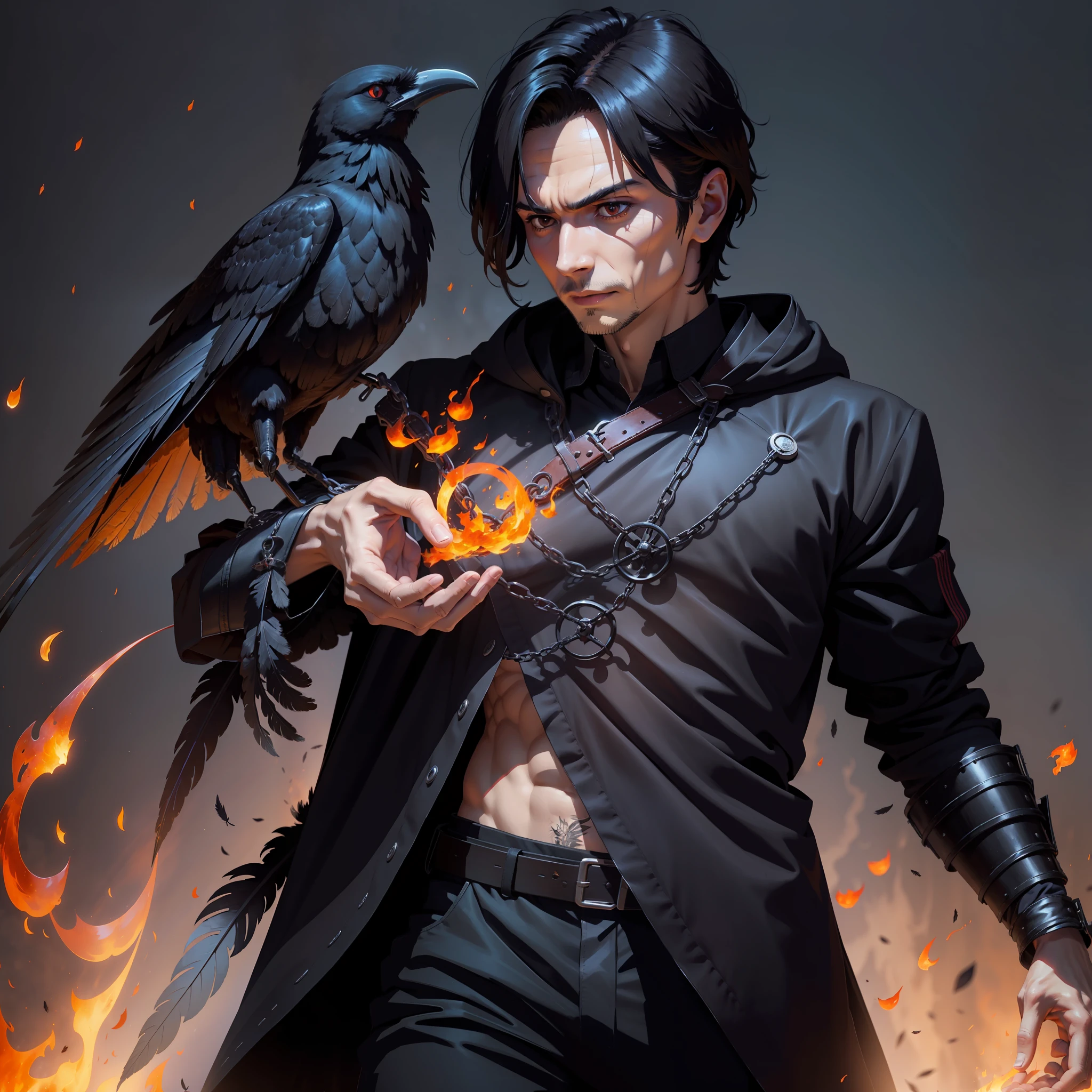 The man who manipulates the crow,firey,magia,Blackn clothes,Uncovered top,Black color hair,Crow feathers,firey焰,Tall guy,Strengthen your body