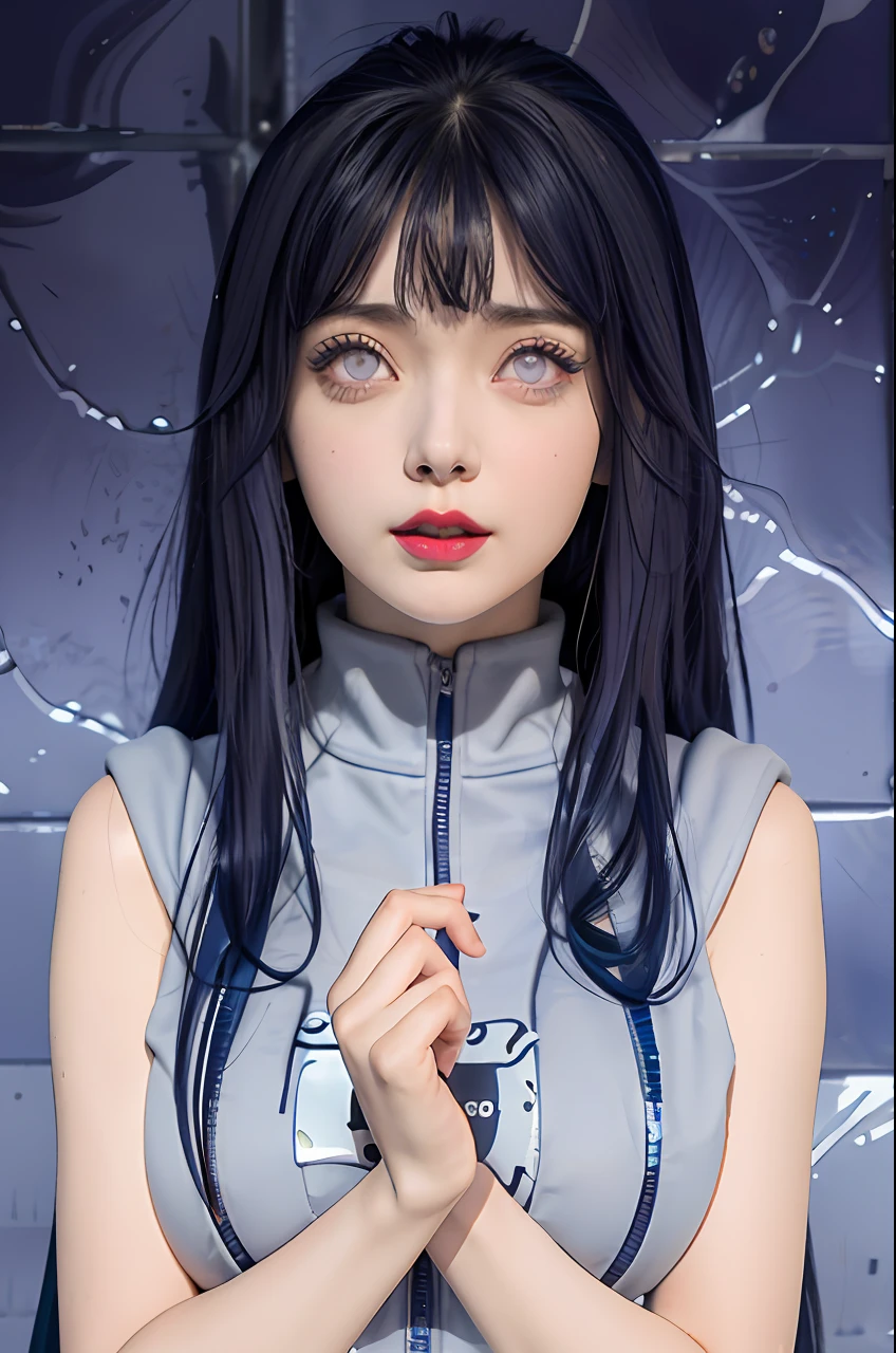 a close up of a person with long hair and a hoodie, hinata hyuga, hinata hyuga from naruto, from naruto, as an anime character, perfect anime face, she has dark blue hair with bangs, female anime character, anime character, anime best girl, hime cut hairstyle, dark blue hair, (red glossy lips:1.3), light purple eyes, big breasts, realistic, ultra detail