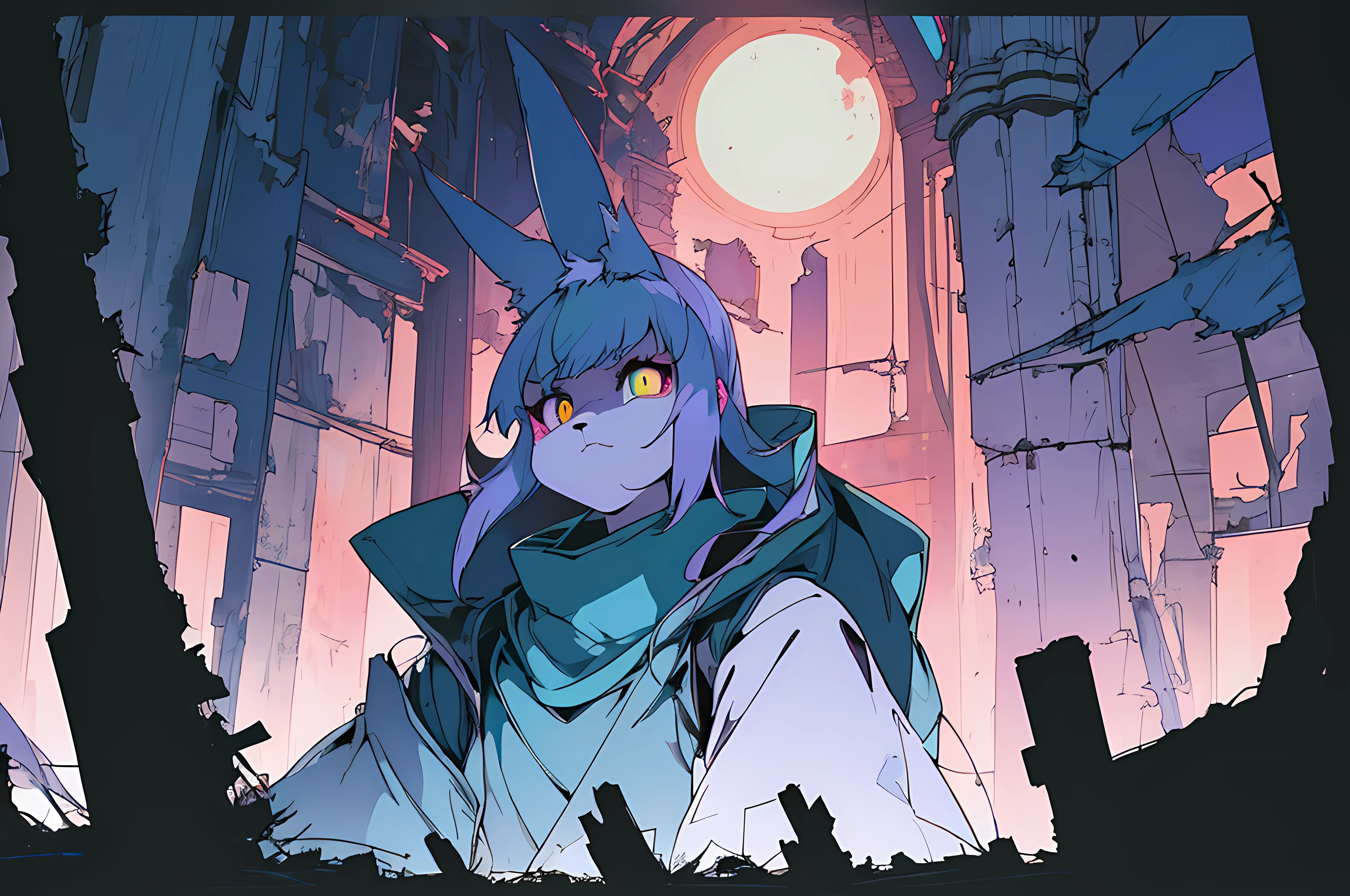 (vintage vhs), (crt screenshot), (((dark scene))), (((dark cloudy scene))), (((bleak dark nighttime unlit scene, dark colors))), (((underground basement scene))), (((unlit nighttime scene))), (((dark abandoned cathedral house))), (((solemn blue anthro kemono furry rabbit exploring old ruins))), (((underground cavern exploring in old ruins))), anime rabbit character with futuristic hair and glowing eyes exploring old ruins, anime art, anime aesthetic, (((old ruins in background cel art))), kemono anime rabbit girl, wearing cybernetic bunny ears, angry female fighter --v6