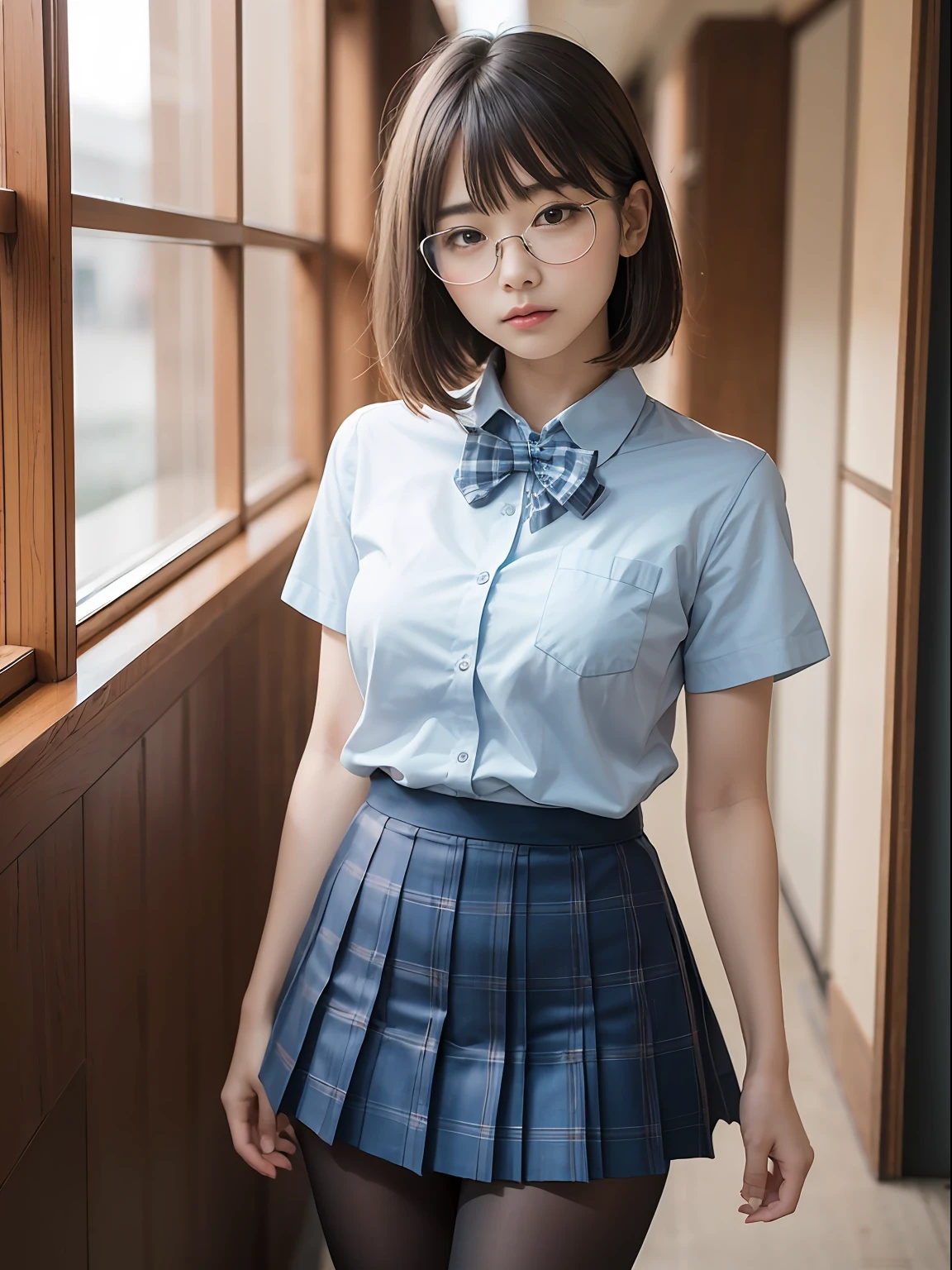 （8K、Raw photography、top-quality、​masterpiece：1.2),de pele branca,kne,(Black pantyhose),absurderes,a small face,small tits,flat breast,Parting the bangs from the middle、Forehead visible,(Tight eyes,glares,Bullish,skinny,Rasping,irate)、​masterpiece,top-quality、超A high resolution,Raw photo,ren,Beautiful fece,One Person, 独奏,eye glass,,Dark look,Small breasts,fullllbody,Round glasses、cute little、JK school uniform,hi-school girl,A Japanese Lady,is standing,（Photorealsitic：1.37）、Photon mapping,Light blue ribbon,Realistic、Cute little face,Brown-eyed、Black socks、(Red bow tie)、Radio City、Physically Based Rendering、Foreground、depth of fields、Blurry background、a picture,The girls、Body,beauty legs, Long legs, Thin leg,Long bob cut,(Bangs are visible), hair, s lips, Blue_The eye, nosesoft,(Light blue shirt), (Navy and blue and white plaid pleated skirt), Knees are visible,Sheer clothing,, Thigh, Black cotton socks,Nogizaka Idol, 女優, Japanese ido