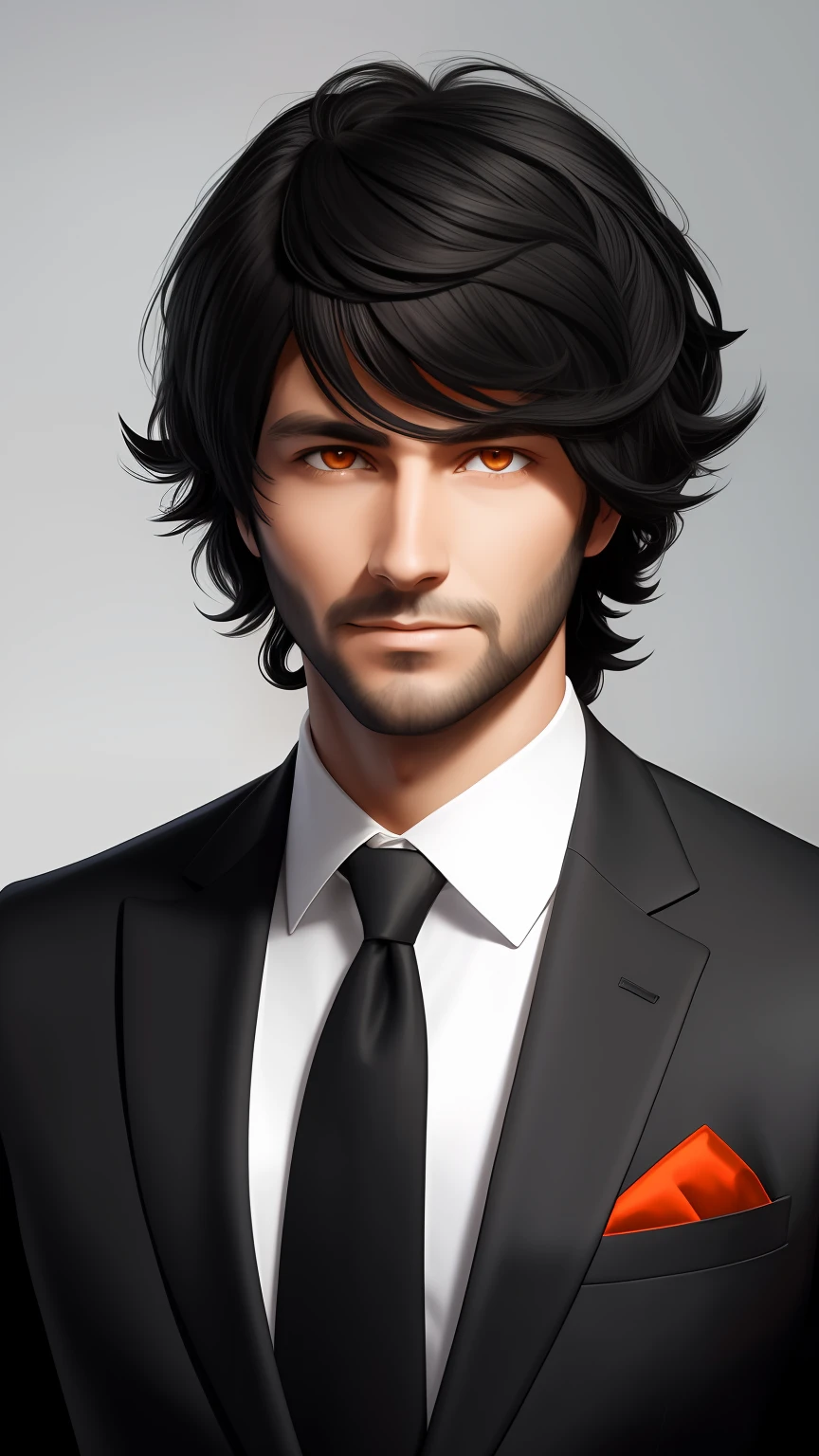 portraite of a. Male 35 years old. Black shaggy hair. Braided into a tail. Orange Eyes. business suit.