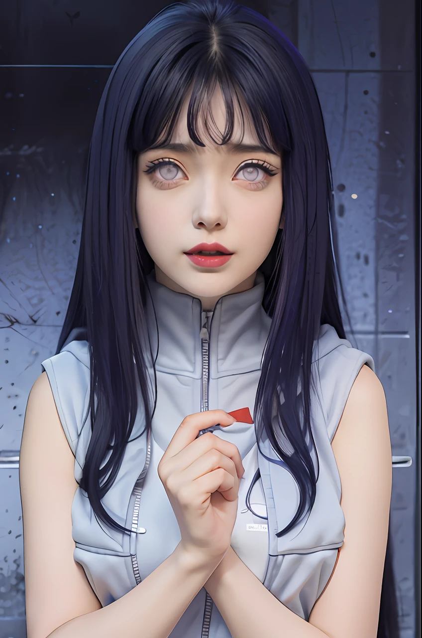 a close up of a person with long hair and a hoodie, hinata hyuga, hinata hyuga from naruto, from naruto, as an anime character, perfect anime face, she has dark blue hair with bangs, female anime character, anime character, anime best girl, hime cut hairstyle, dark blue hair, (red glossy lips:1.3), light purple eyes, big breasts, realistic, ultra detail