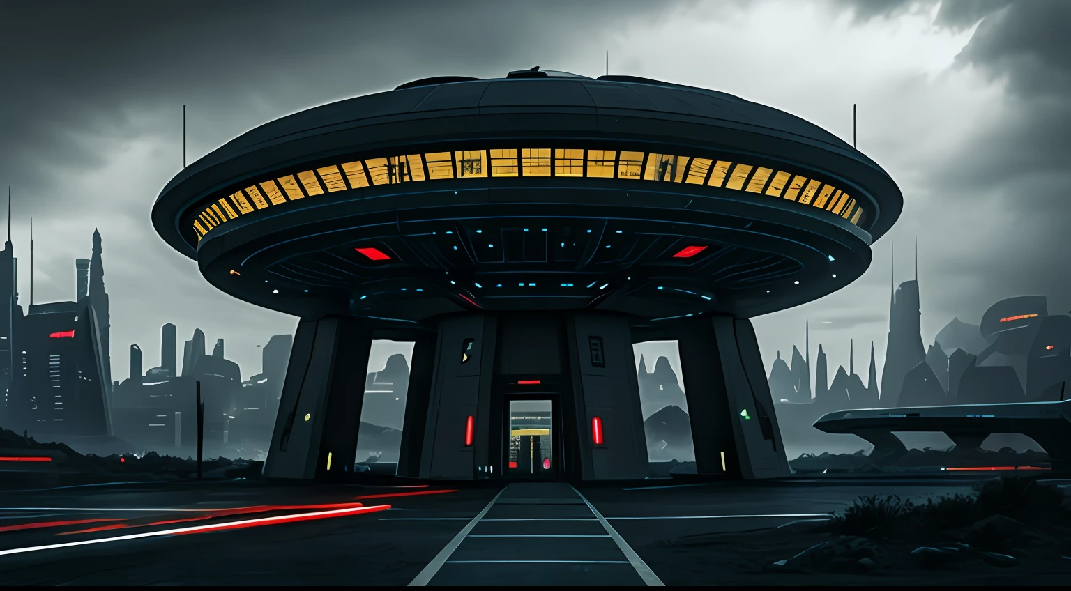 Advanced alien structure， sci-fy， Defended by the city， abstracted， hdr， darkly， （Grim）， Heavy atmosphere， ,Relatively close to the road（Complicated details， Hyper-detailing：1.2）， cinema shot