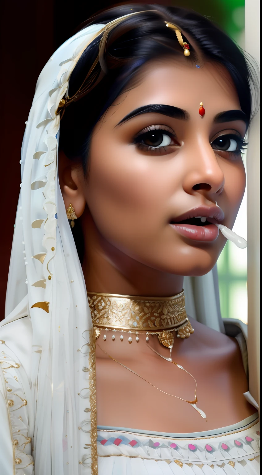 Masterpiece, highest quality, hyper-realistic portrait of an Indian girl white face, (8k, best quality), {{cum(sperm) on face}}, cum_in_mouth. Face is full of cum.She looking at viewer. Close up face photo