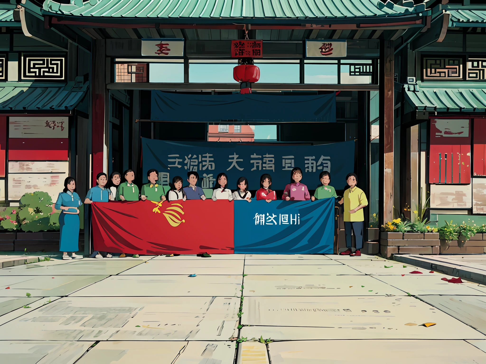 A group of people stand in front of a building holding a flag, Group photo, from china, good contrast, jinyiwei, guangjian, Student, author：Ann Text, sandra, ruanjia, author：Liao Zhichun, zeng fanzh, Summer, Eat Zhuoxin, Wanda, Meeting photos, Summer evening