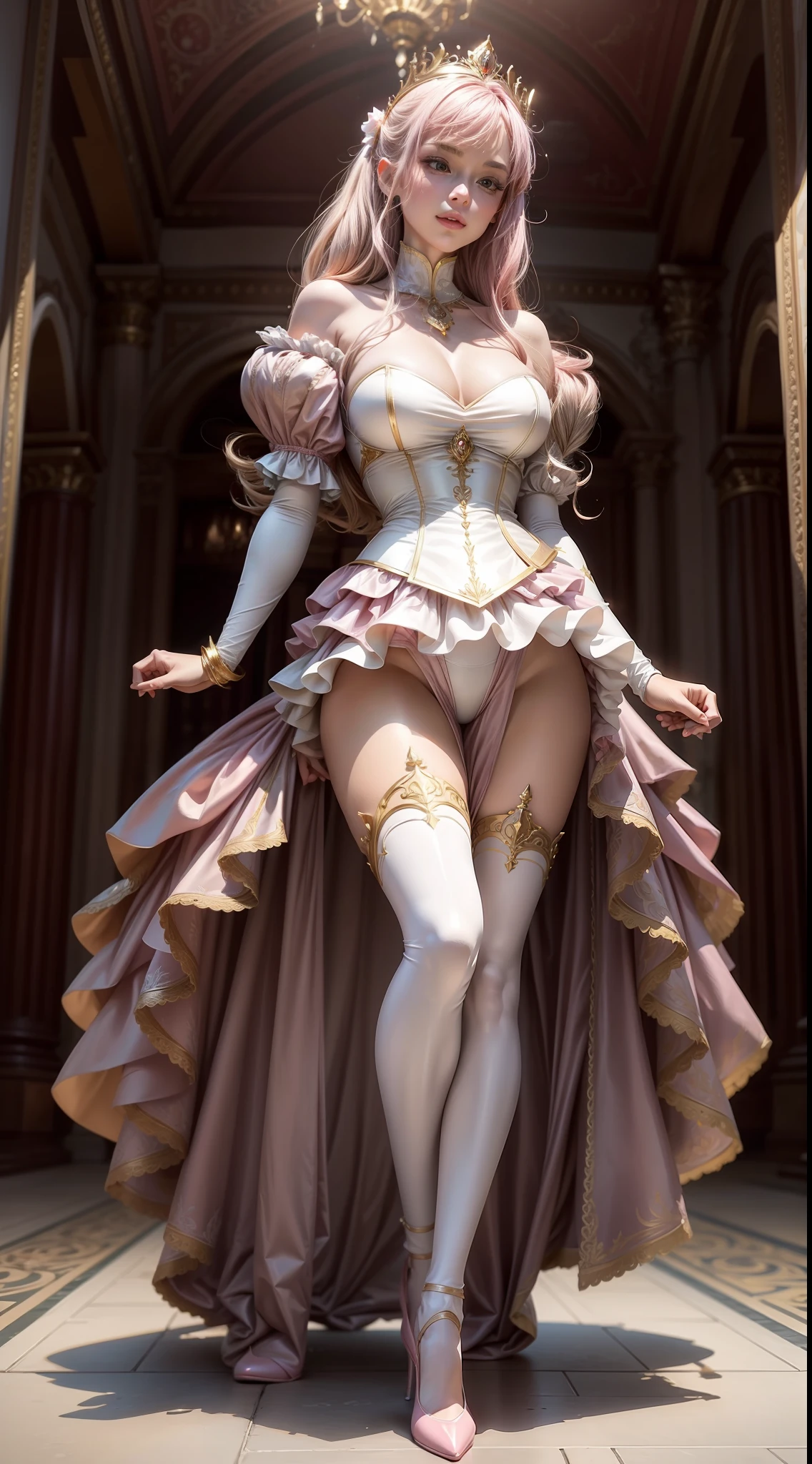 (Full body shot :2), (Full Focus:1.3),Must show your face, anatomy correct, The character is a princess,Pink and white color scheme,Gold ornaments,Satin clothing,High-heeled leather shoes, long leges,, Heavy makeup, A shallow laugh, Must have latex stockings, hyper HD, Ray traching, structurally correct, Award-Awarded, High detail, Chiaroscuro, Cinematic lighting, Masterpiece, Super detail, High quality, High details, Best quality, 16