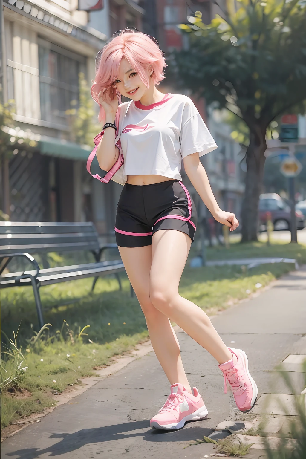 (masterpiece), (best quality), 1girl, beautiful girl, perfect body, white shirt, pink hair, short hair, smile, short shorts, fishnet leggings, sneakers, sunny, windy, outdoor