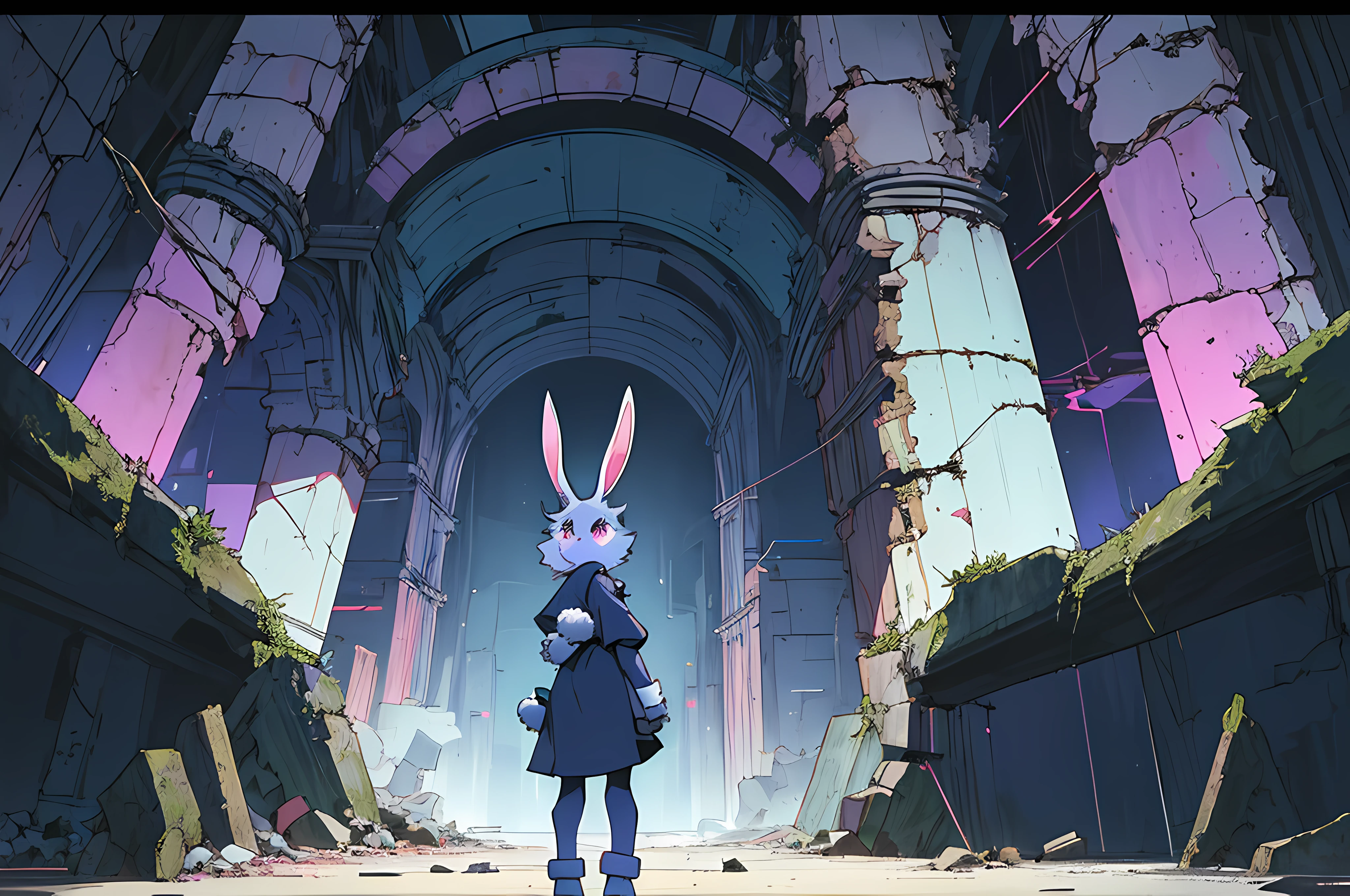 (vintage vhs), (crt screenshot), (((dark scene))), (((dark cloudy scene))), (((bleak dark nighttime unlit scene, dark colors))), (((underground basement scene))), (((unlit nighttime scene))), (((dark abandoned cathedral house))), (((solemn blue anthro kemono furry rabbit exploring old ruins))), (((underground cavern exploring in old ruins))), anime rabbit character with futuristic hair and glowing eyes exploring old ruins, anime art, anime aesthetic, (((old ruins in background cel art))), kemono anime rabbit girl, wearing cybernetic bunny ears, angry female fighter --v6