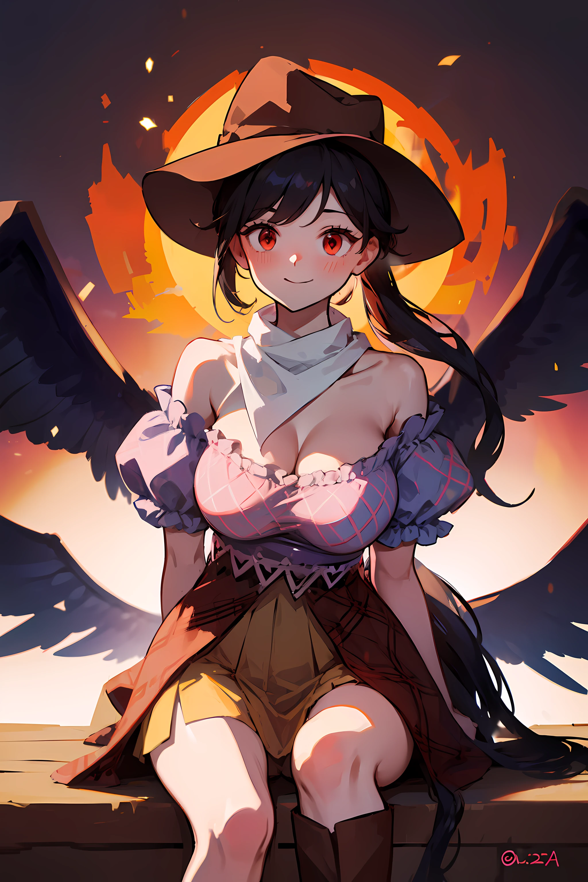 (masterpiece),best quality, expressive eyes, perfect face, 1girl,
big breast, H-cup, good breast, beautiful, gorgeous,anime,girl,lora, floating clothes, tent chest ,
 nipple visible  though clothes,Saki Kurokoma,
red eyes,
black hair,
short hair,
long ponytail,
black wings,
black horse tail,
brown cowboy hat,
brown boots,
light blue plaid shirt,
light pink shirt,
brown plaid skirt,
light orange skirt,
shoulders,
white bandana tied around neck,crazy smile,yameroyandere,yandere,crazy eyes,dark,glowing eyes,shaded face,empty eyes,w sitting, w sitting on ground,legs on ground,arms between legs, hands between thighs,both arms between legs