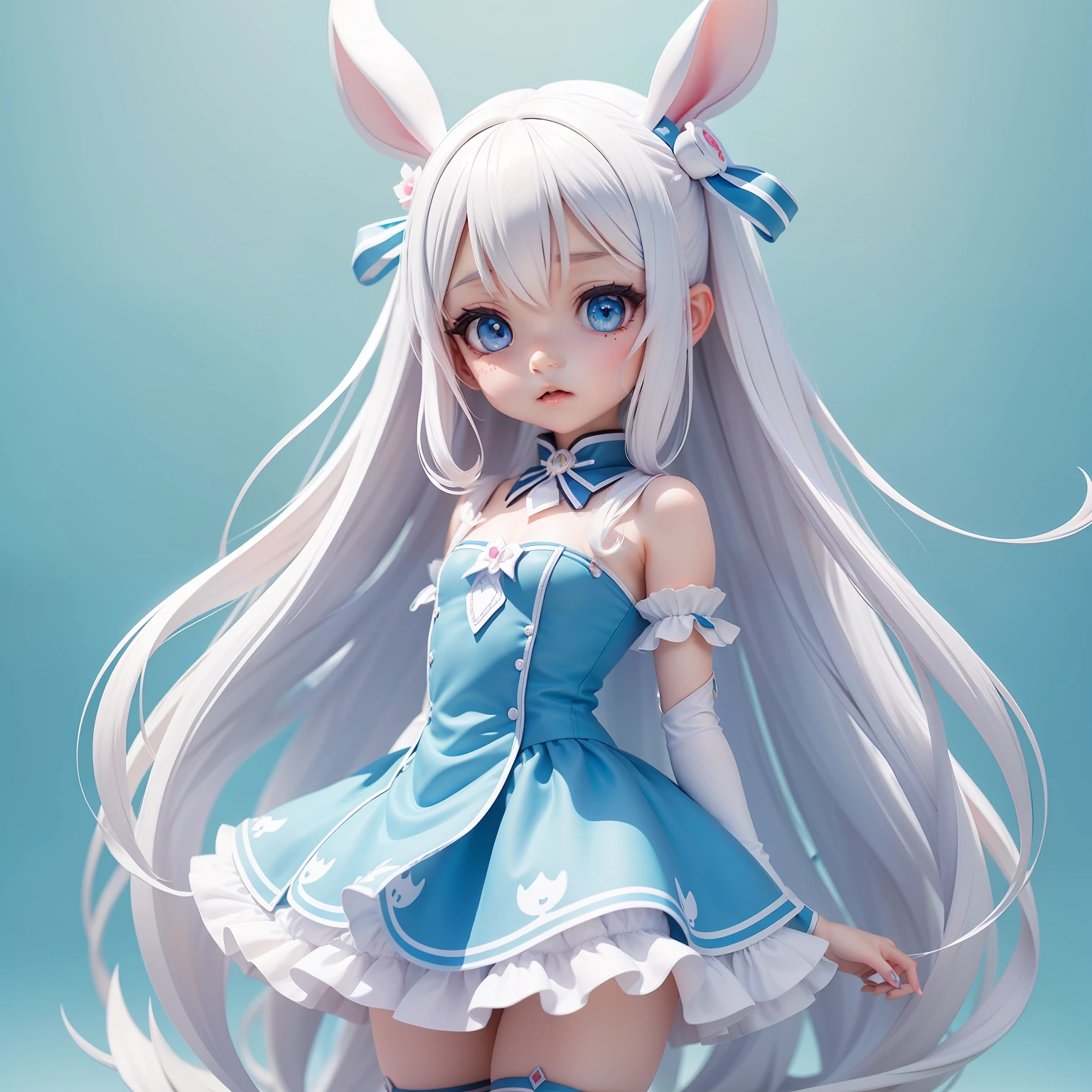 A cartoon rabbit-eared girl with long white hair and blue eyes, small curvaceous , Anime moe art style, Anime Stylization, Chibi anime girl, Stylized anime, chibi girl, cute anime waifu in a nice dress, Chibi Art, water color nendoroid, Soft anime illustration, anime chibi, Kawaii chibi, lovely art style, White-haired god