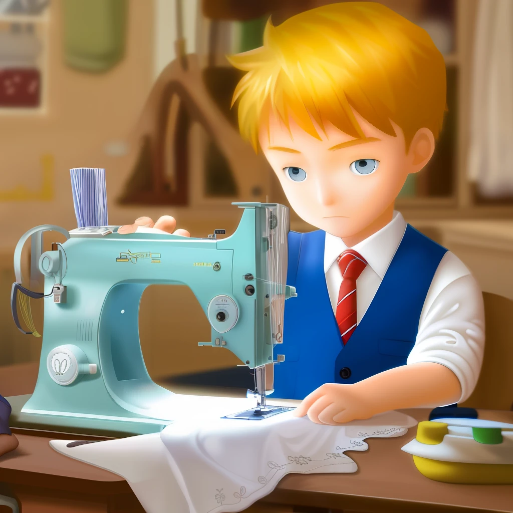 A boy in a blazer sits in front of a sewing machine sewing