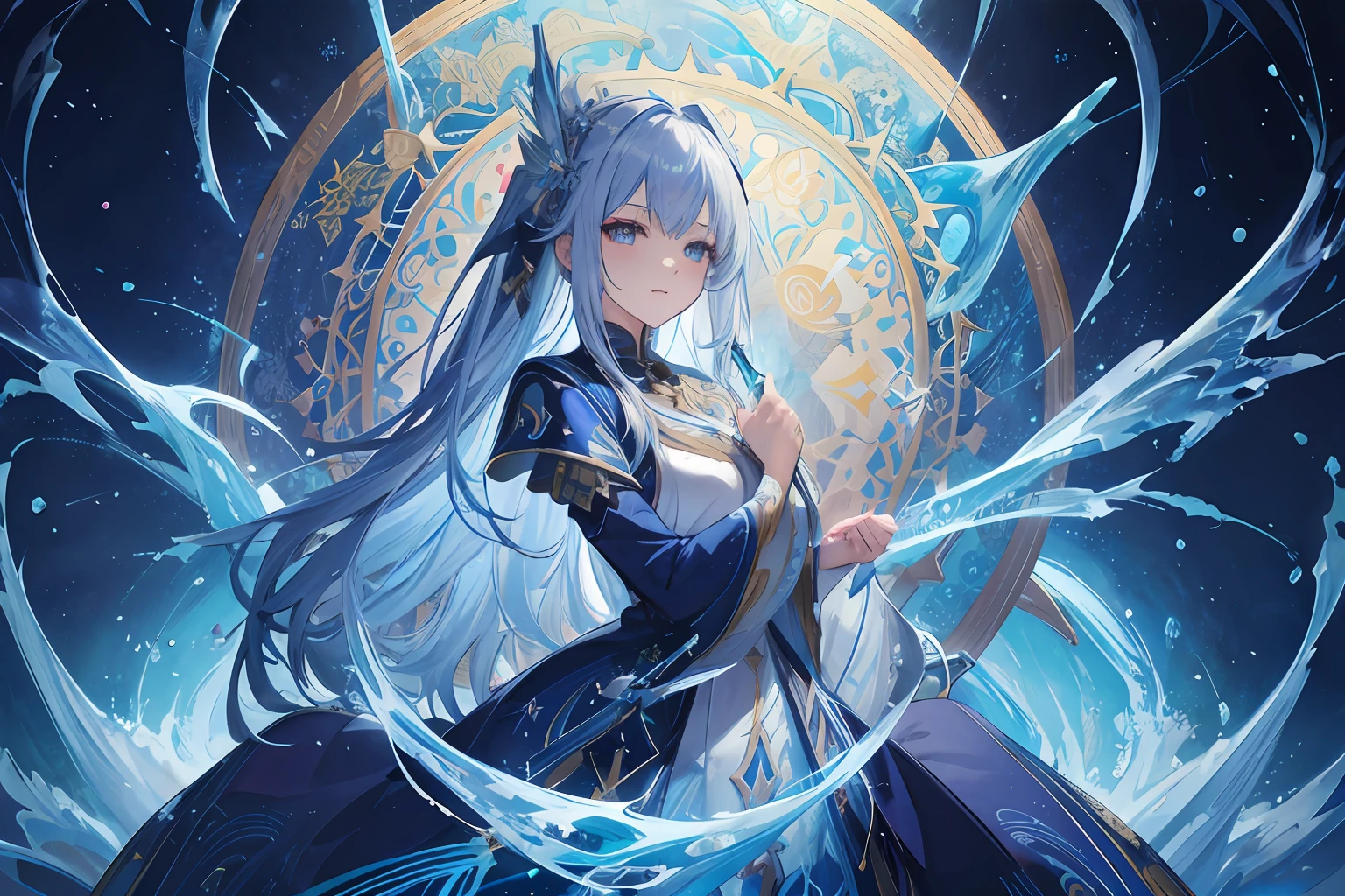 Woman with long white hair and blue dress holding sword, keqing from genshin impact, beautiful celestial mage, Ayaka Genshin Impact, anime fantasy artwork, anime fantasy illustration, beautiful fantasy anime, anime art wallpaper 4k, anime art wallpaper 4k, Detailed Digital Anime Art, 8k high quality detailed art, Wallpaper Anime Blue Water