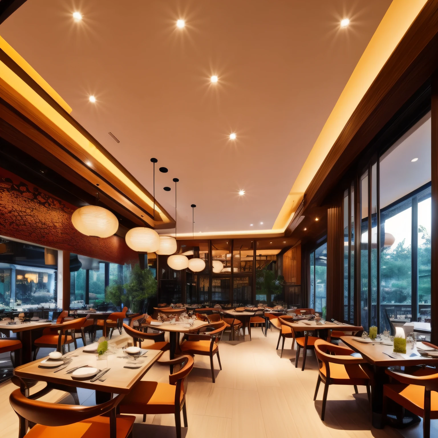 Modern Chinese style restaurant with round table style, wide perspective angle rectangular room,  small 4 vertical windows