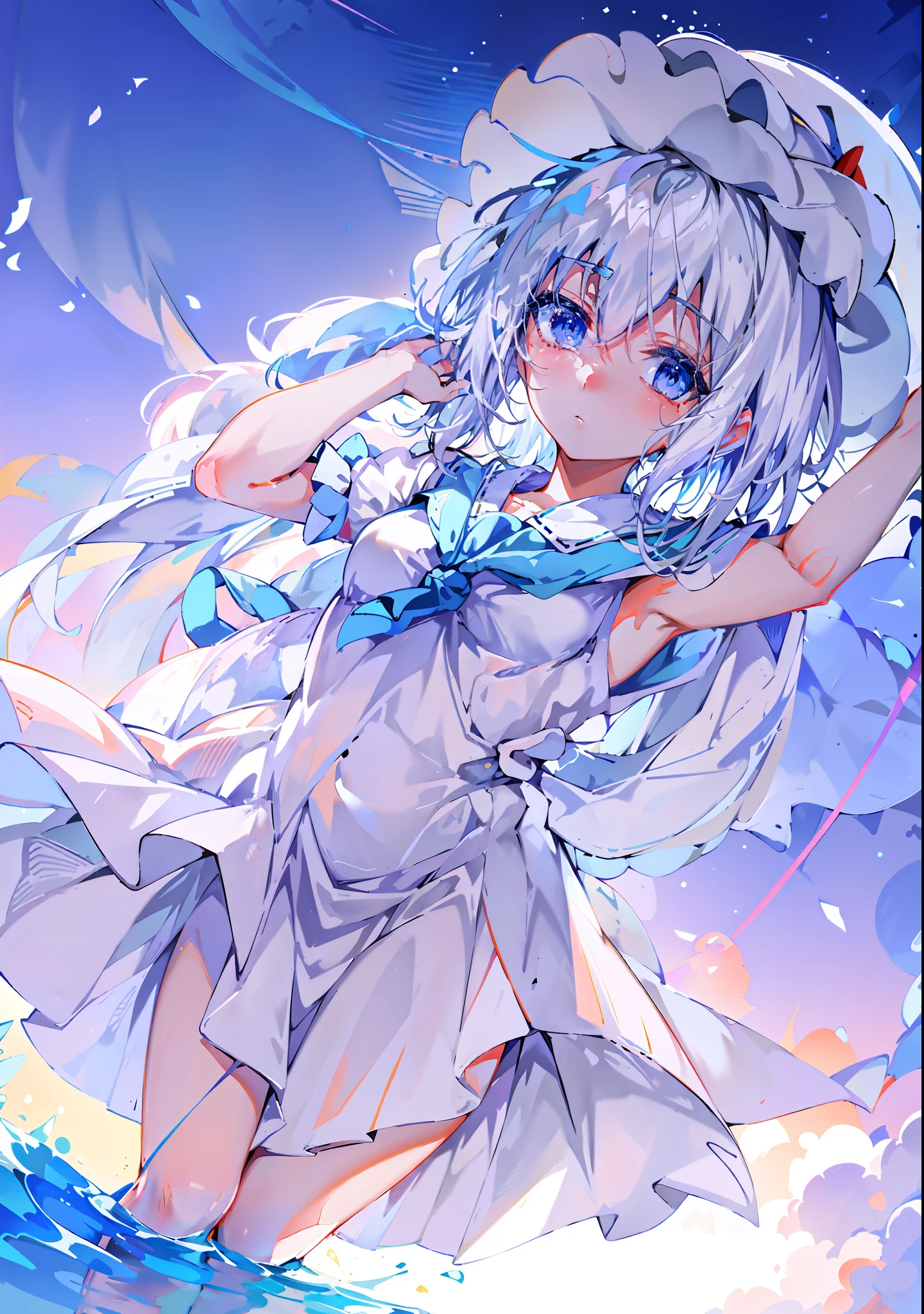 Anime girl flying over the ocean in white dress and hat, Splash art anime Loli, loli in dress, anime visual of a cute girl, White dress!! of silver hair, an anime portrait of cirno, cute anime waifu in a nice dress, style of anime4 K, from touhou, white-haired god, cirno, cirno touhou