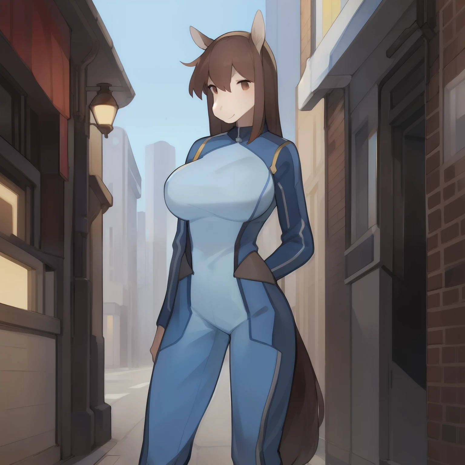 Solo, female, standing, by bebebebebe, horse, ((hair)), black fur, dark mahogany hair, short, slim, big breasts, small waist, street, blue military spacesuit